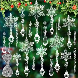 28 adornos de cristal para decoración de árbol de Navidad, juego de adornos colgantes de copo de nieve de Navidad, carámbano acrílico con línea de 28 adornos de cristal para decoración de árbol de Navidad, juego de adornos colgantes de copo de nieve de Navidad, carámbano acrílico con línea de