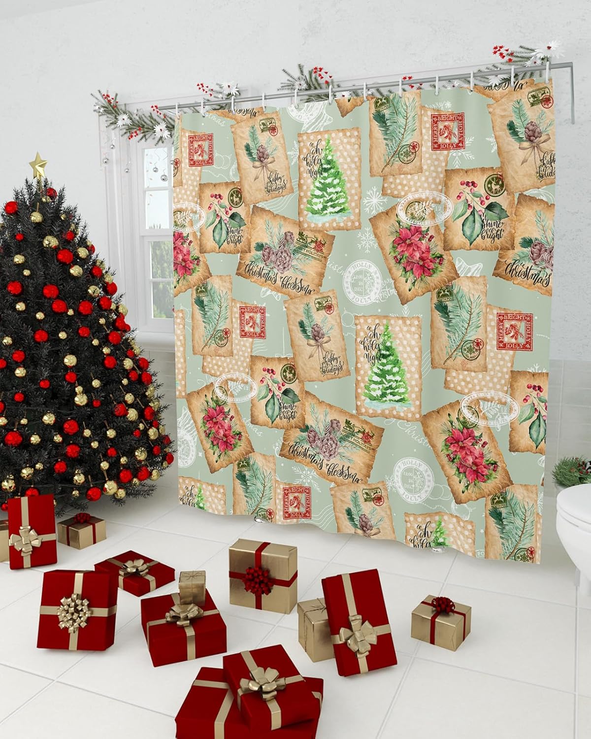 Cortina de ducha de Navidad, impermeable, lavable, bohemio, divertido, lindo juego de cortinas de ducha para baño, bañeras, juego de cortinas de