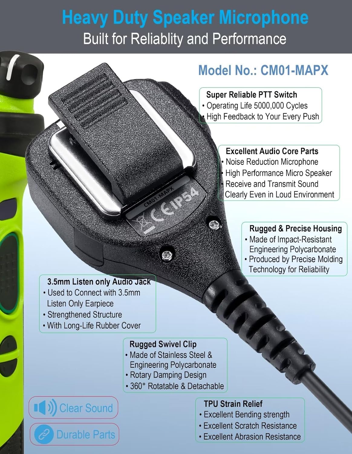 commountain Micrófono de altavoz compatible con radios Motorola APX 6000, APX 7000, APX 8000, APX 4000, XPR 7350e, XPR 7550, XPR 7550e, XPR 7580e,