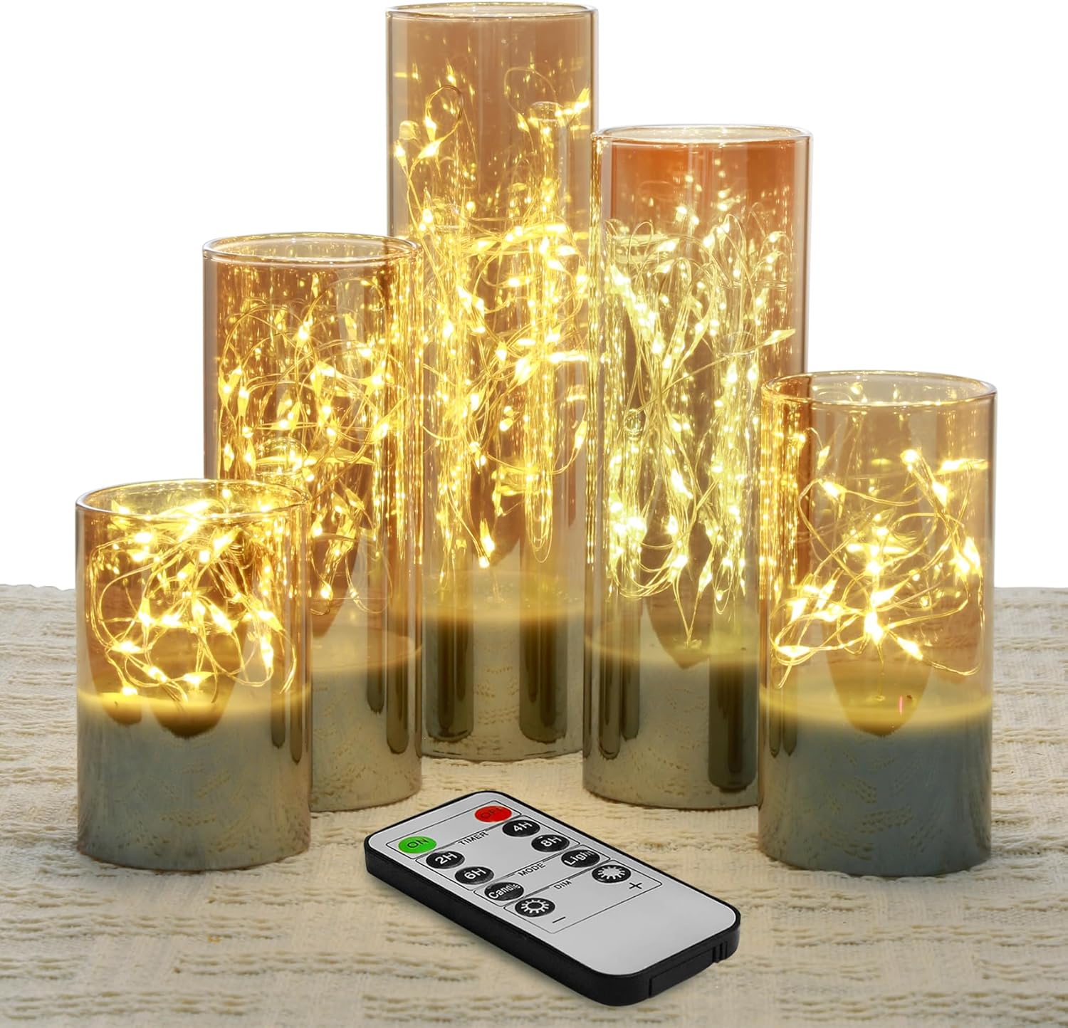 Velas sin llama de cristal dorado con tira de luces remotas, juego de velas LED delgadas parpadeantes con batería de 2 pulgadas de alto, 3 pulgadas,