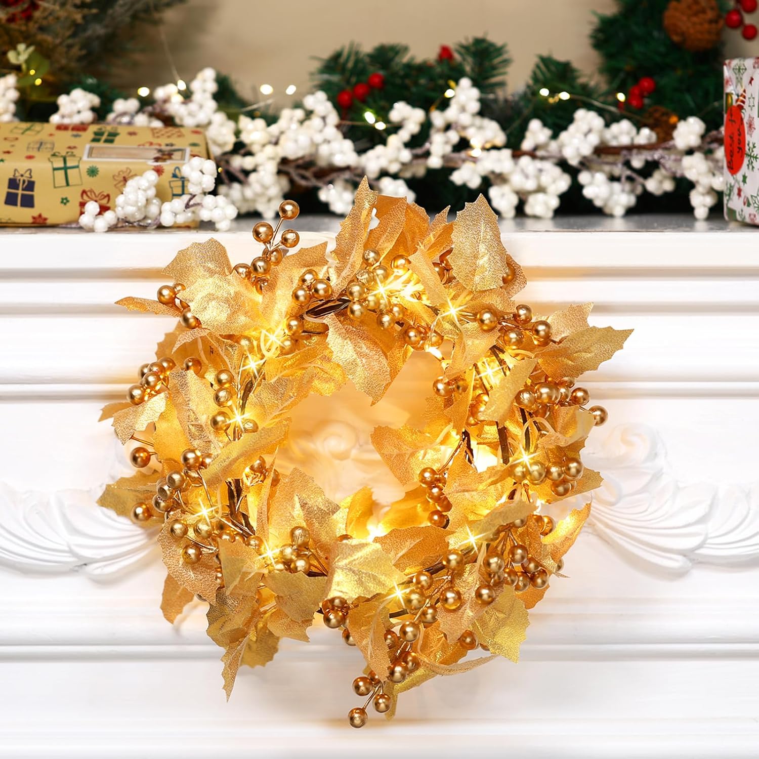 Syhood Guirnalda de bayas de Navidad de 6 pies, guirnalda de hojas de acebo iluminada para interiores, guirnalda artificial de otoño, decoración de