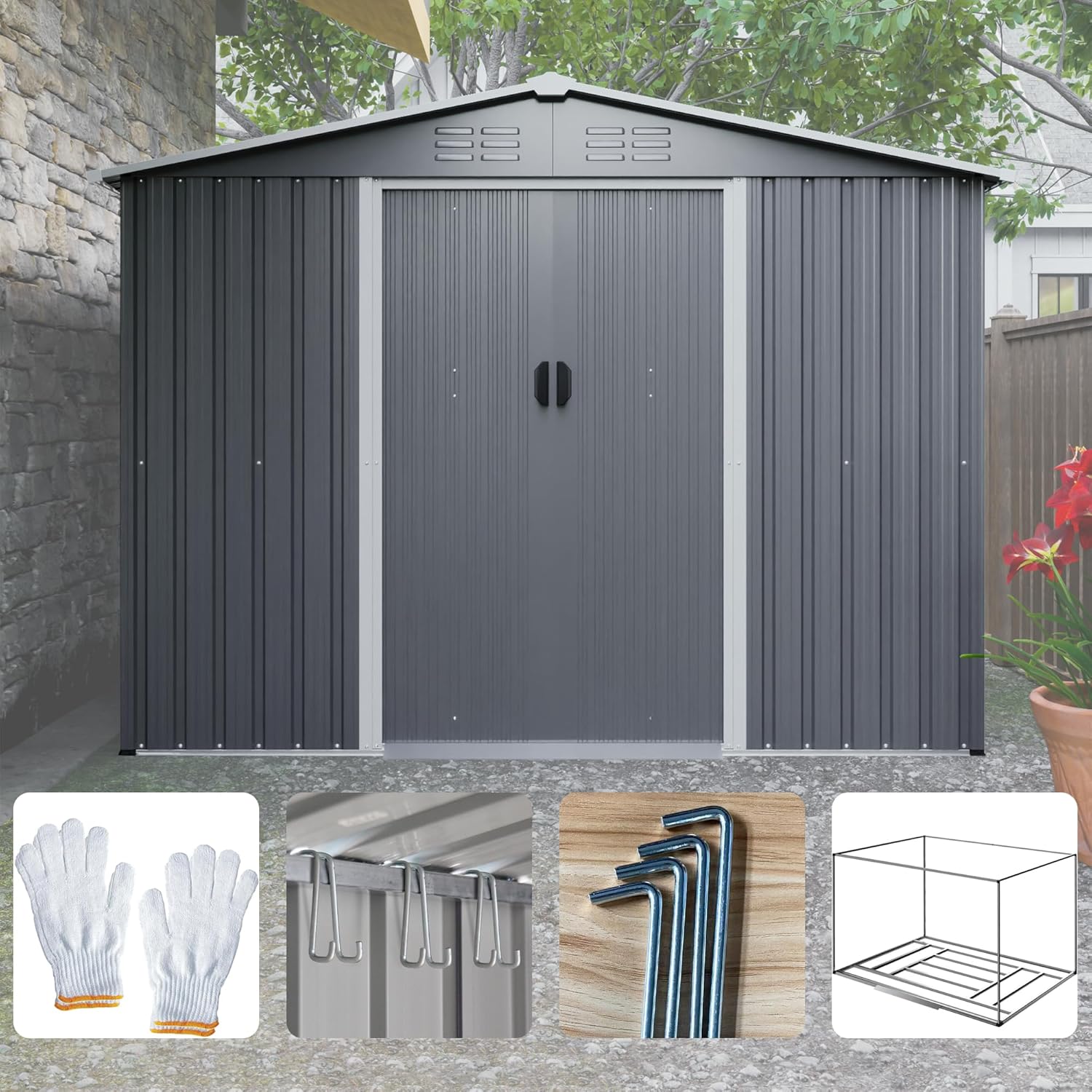 Goohome Cobertizo de almacenamiento de metal para jardín exterior de 6 x 8 pies, cobertizo de almacenamiento de metal con puerta bloqueable,