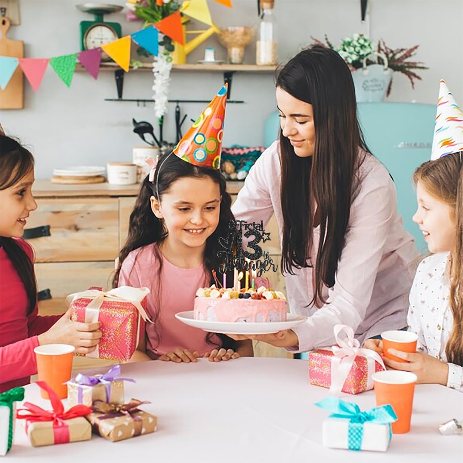 Rsstarxi 1 paquete de 13 decoraciones oficiales para tartas de adolescentes con purpurina negra para decoración de pastel de cumpleaños de 13 años,