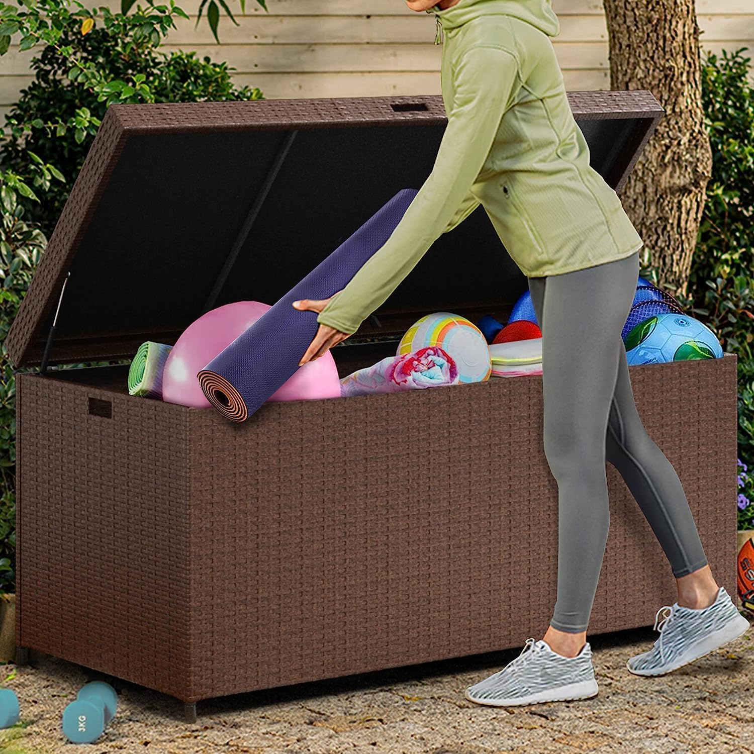 EDWINENE Caja de cubierta de 140 galones para almacenamiento al aire libre con diseño amigable con el jardín, ideal para muebles de patio, juguetes