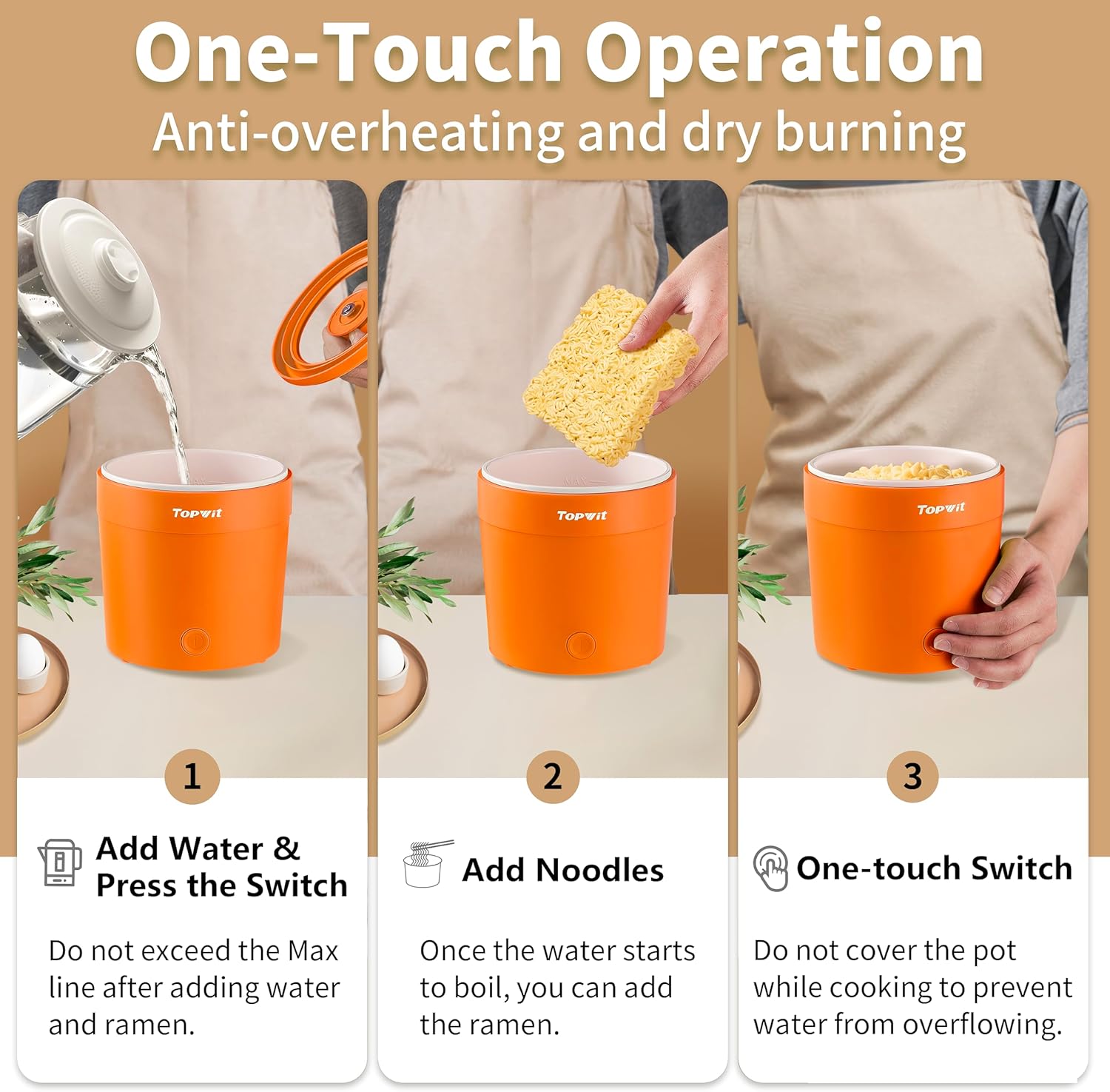 Topwit Ramen Cooker – Mini olla eléctrica de 1 litro para fideos, pasta, bistec, huevo con sobrecalentamiento y protección contra hervir en seco,