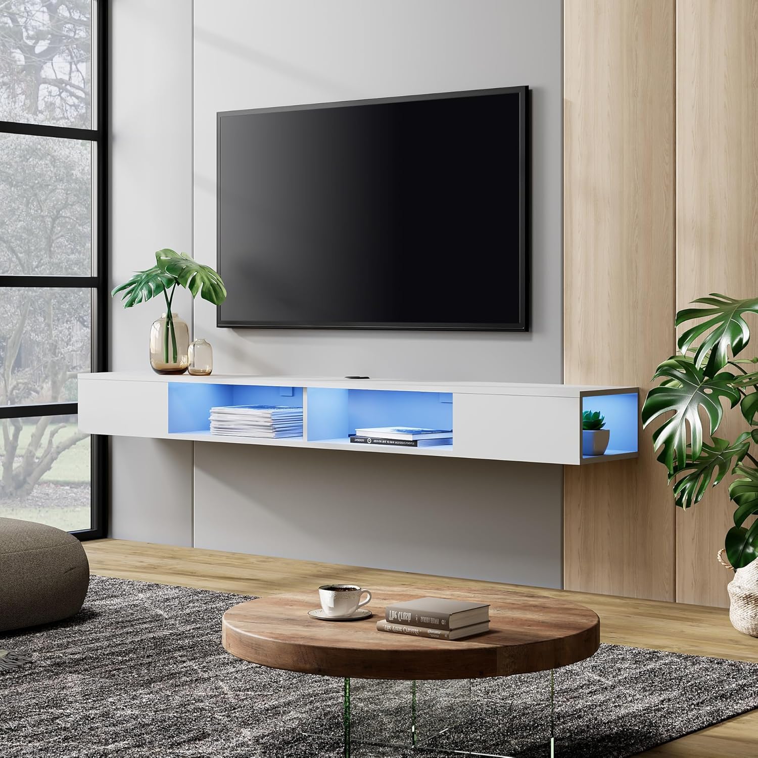 WAMPAT Estante flotante de TV de 70 pulgadas con luz LED azul, soporte de TV flotante blanco montado en la pared con almacenamiento para TV de 75