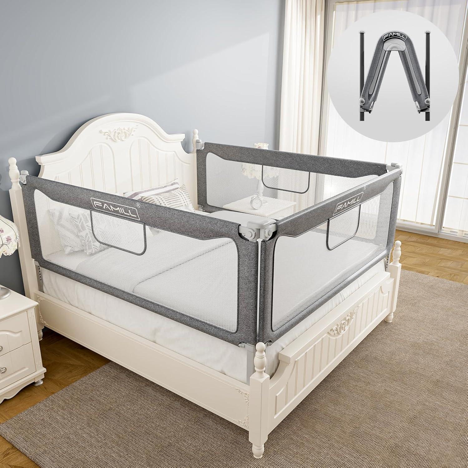 Riel de cama para niños pequeños, riel plegable de montaje rápido en 2 minutos para Queen, tamaño matrimonial, tamaño individual, riel de cama con