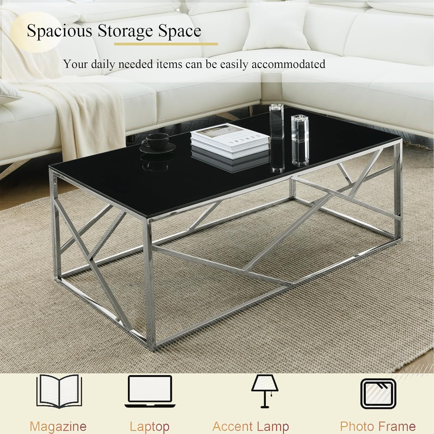 WOKER FURNITURE Mesa de centro de cristal negro con marco de acero inoxidable plateado, mesa de centro rectangular moderna con vidrio templado negro