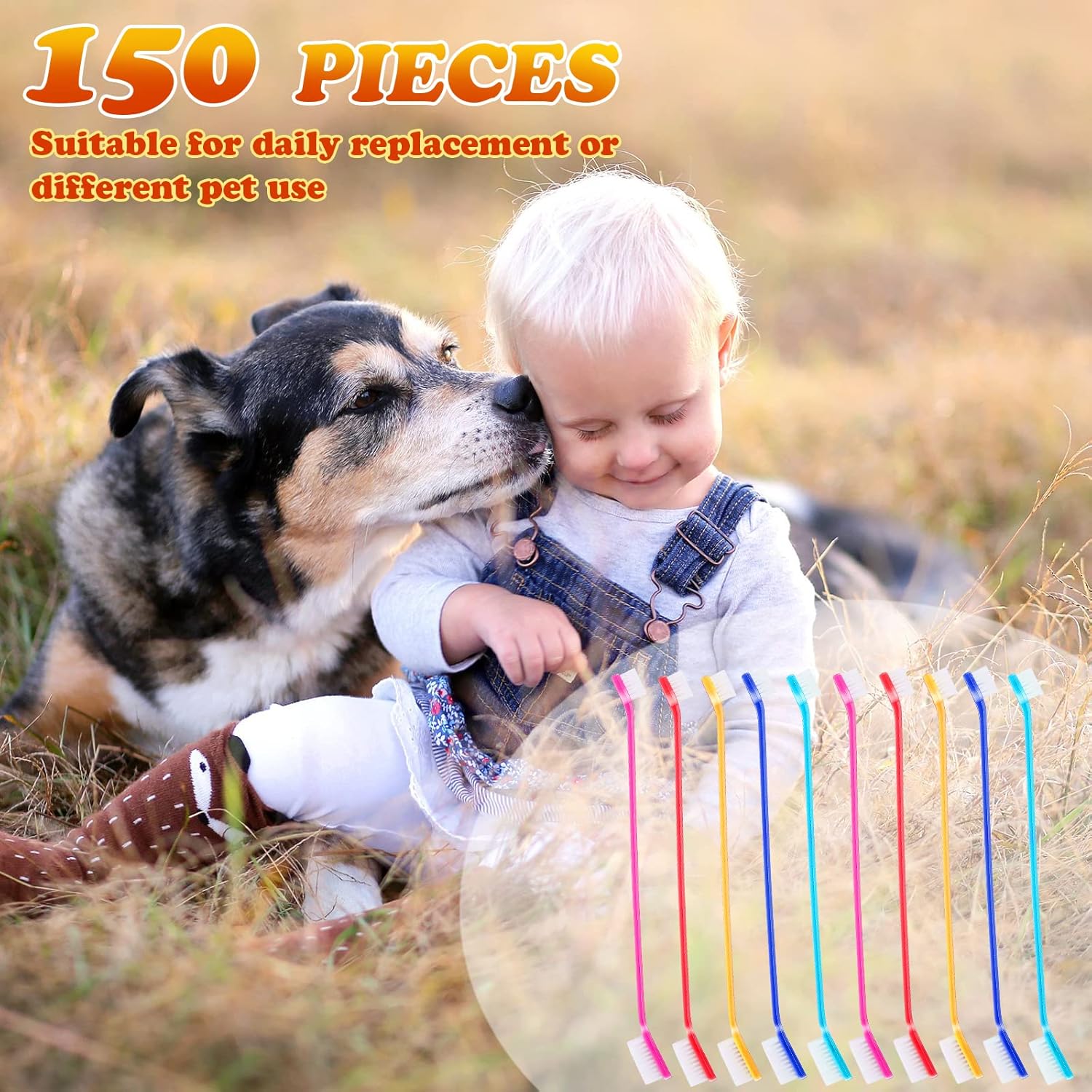 150 cepillos de dientes para perros, cepillos dentales de doble cabeza, kit de cepillado de dientes de cachorro, cepillo de dientes de mango largo
