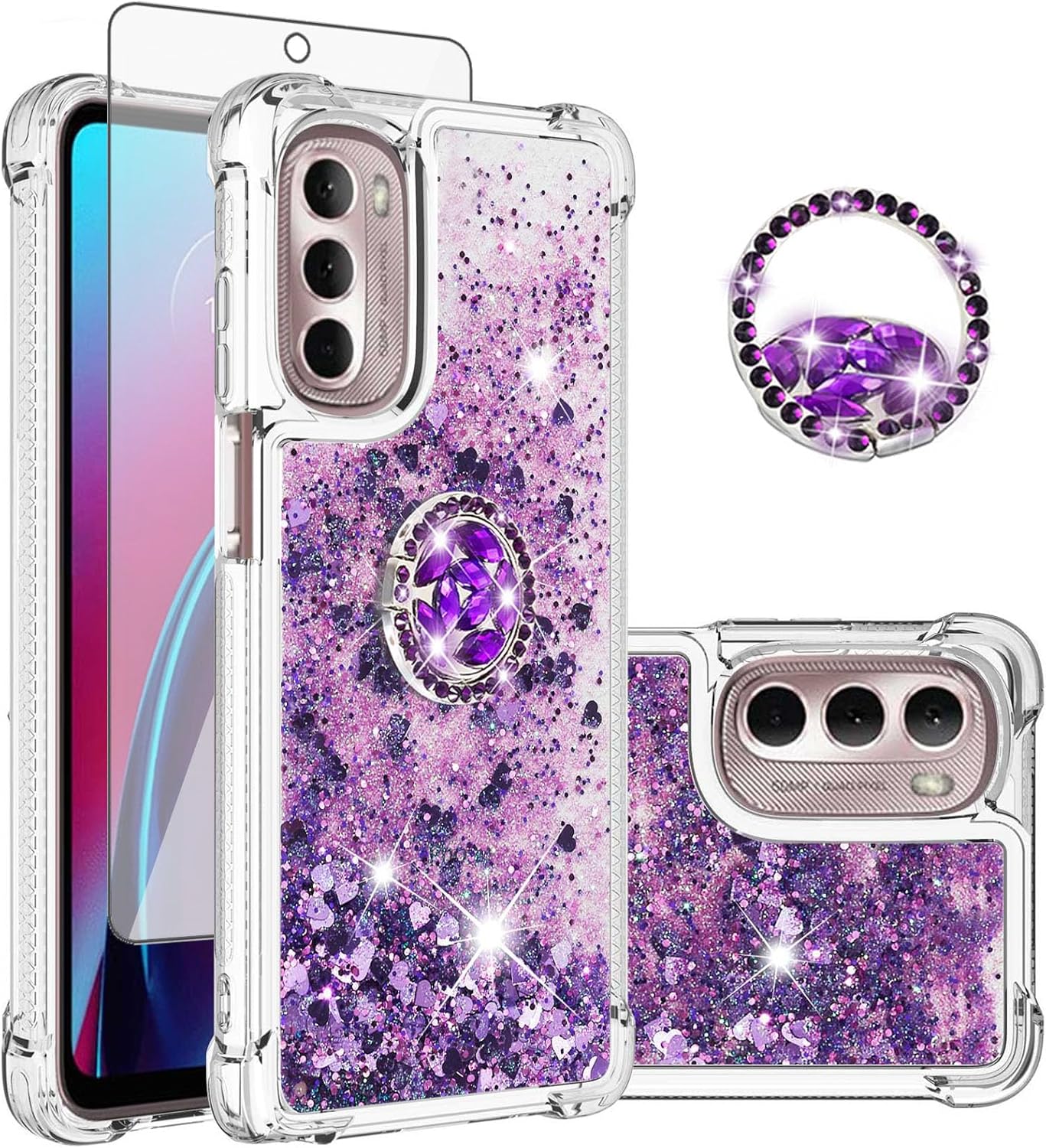 Asuwish Funda de teléfono para Motorola Moto G Stylus 5G 2022 con protector de pantalla y soporte para anillo con anillo de purpurina líquida