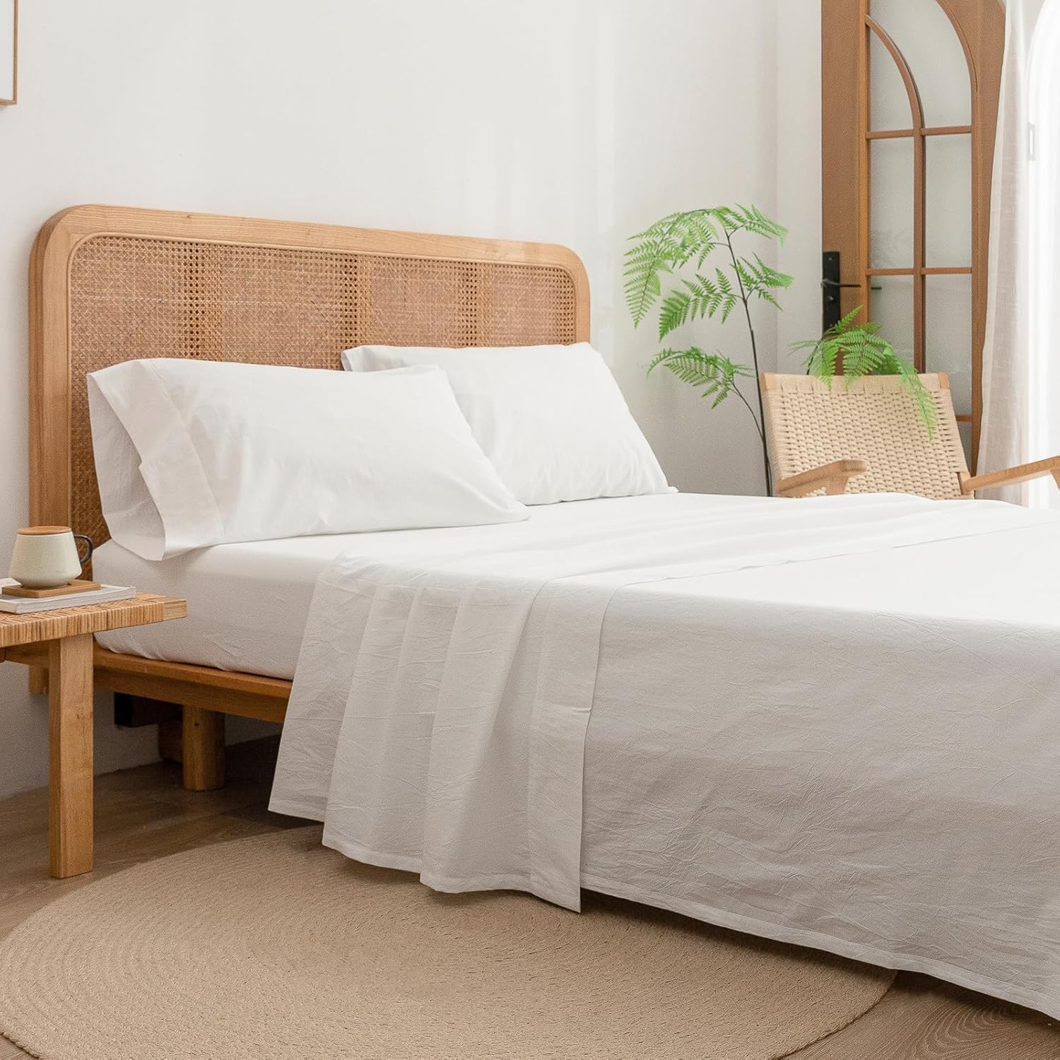 BESTOUCH Juego de sábanas 100% algodón lavado, tacto súper suave, cómodo, elegante, ligero, juego de ropa de cama de 4 piezas, color blanco hueso,