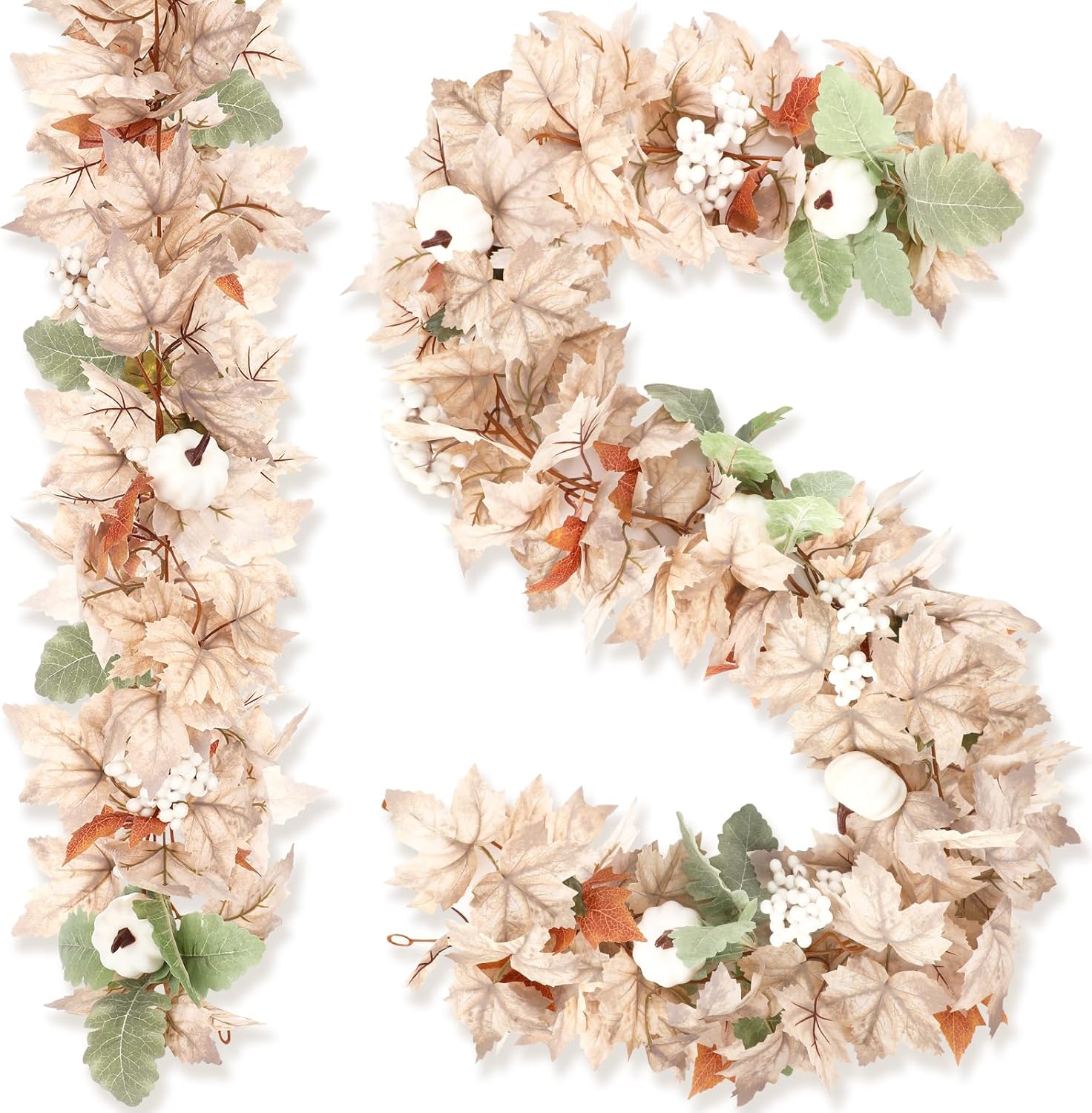 2 guirnaldas de hojas de arce de otoño de 5.9 pies, guirnalda de bayas de calabaza blanca, enredaderas colgantes, cosecha de otoño, decoración de