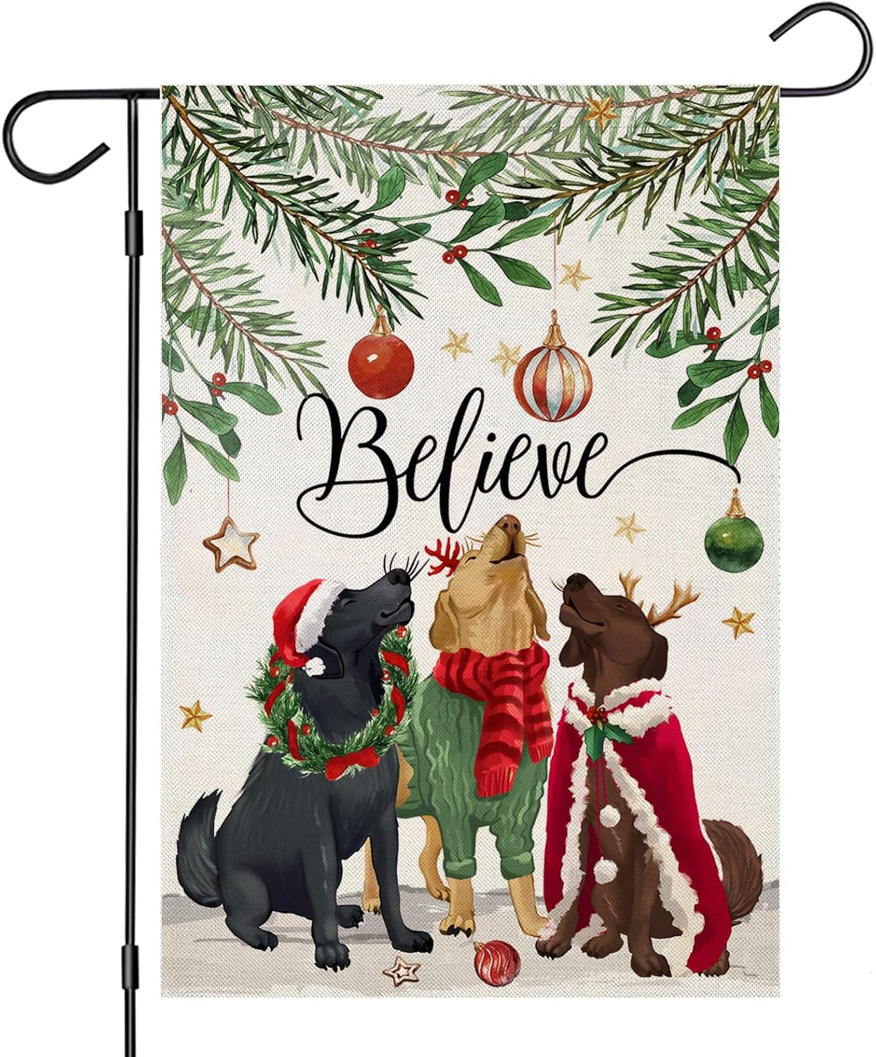 Banderas de jardín de perros de Navidad para exteriores, árboles de Navidad con bayas sagradas, decoraciones de patio pequeño, decoración de