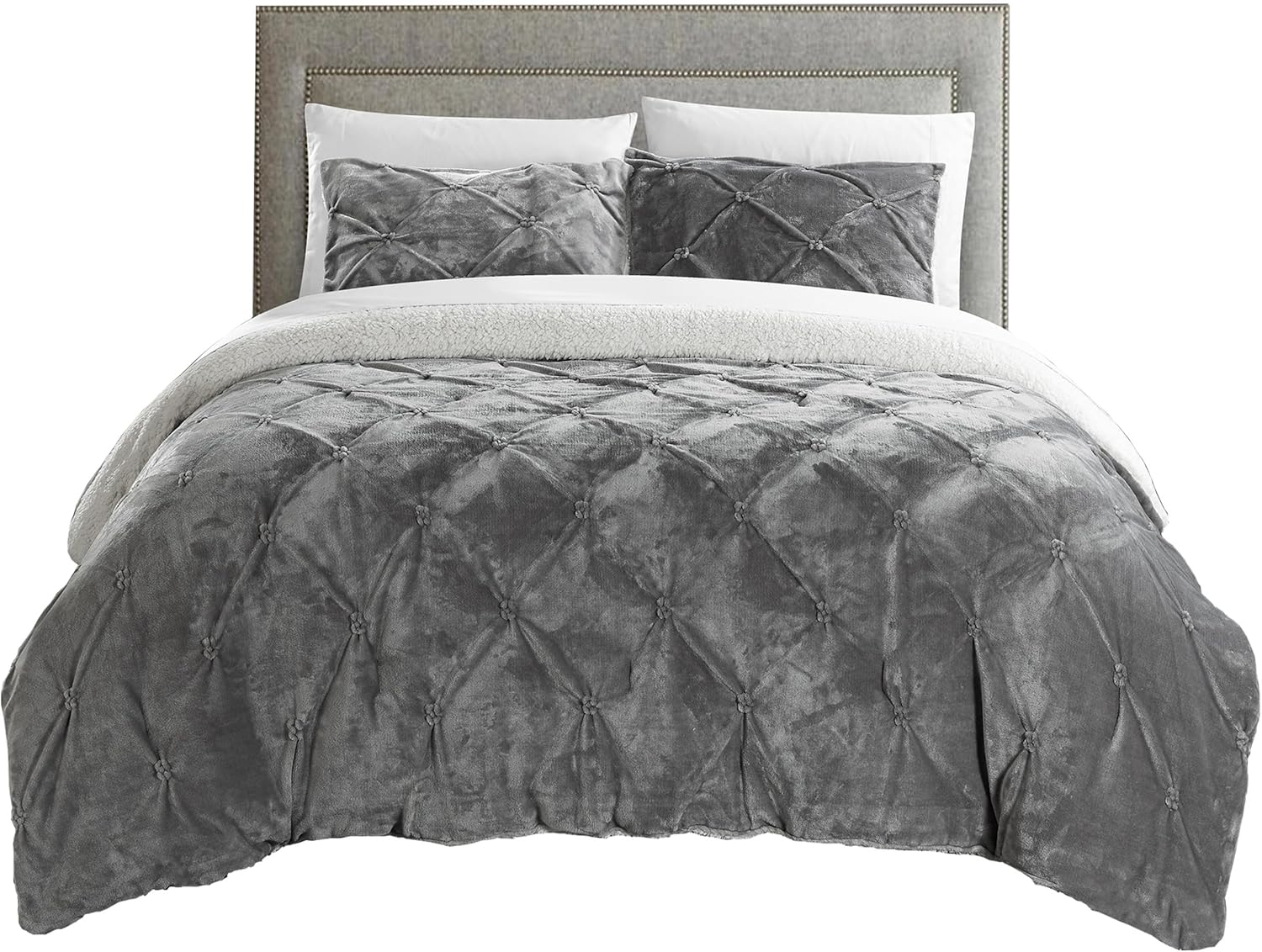 Chic Home CS4800-AN Josepha – Edredón plisado con volantes y frunces, forro de sherpa, beige, individual extra largo