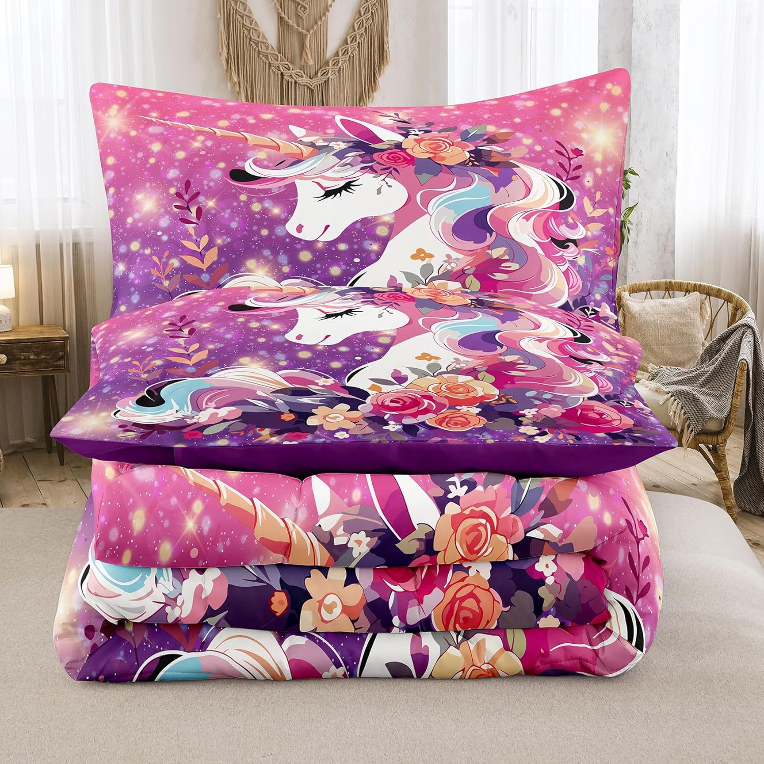 Tailor Shop Juego de ropa de cama de unicornio para niñas, juego de edredón de unicornio rosa y morado, juego de ropa de cama Queen Galaxy para