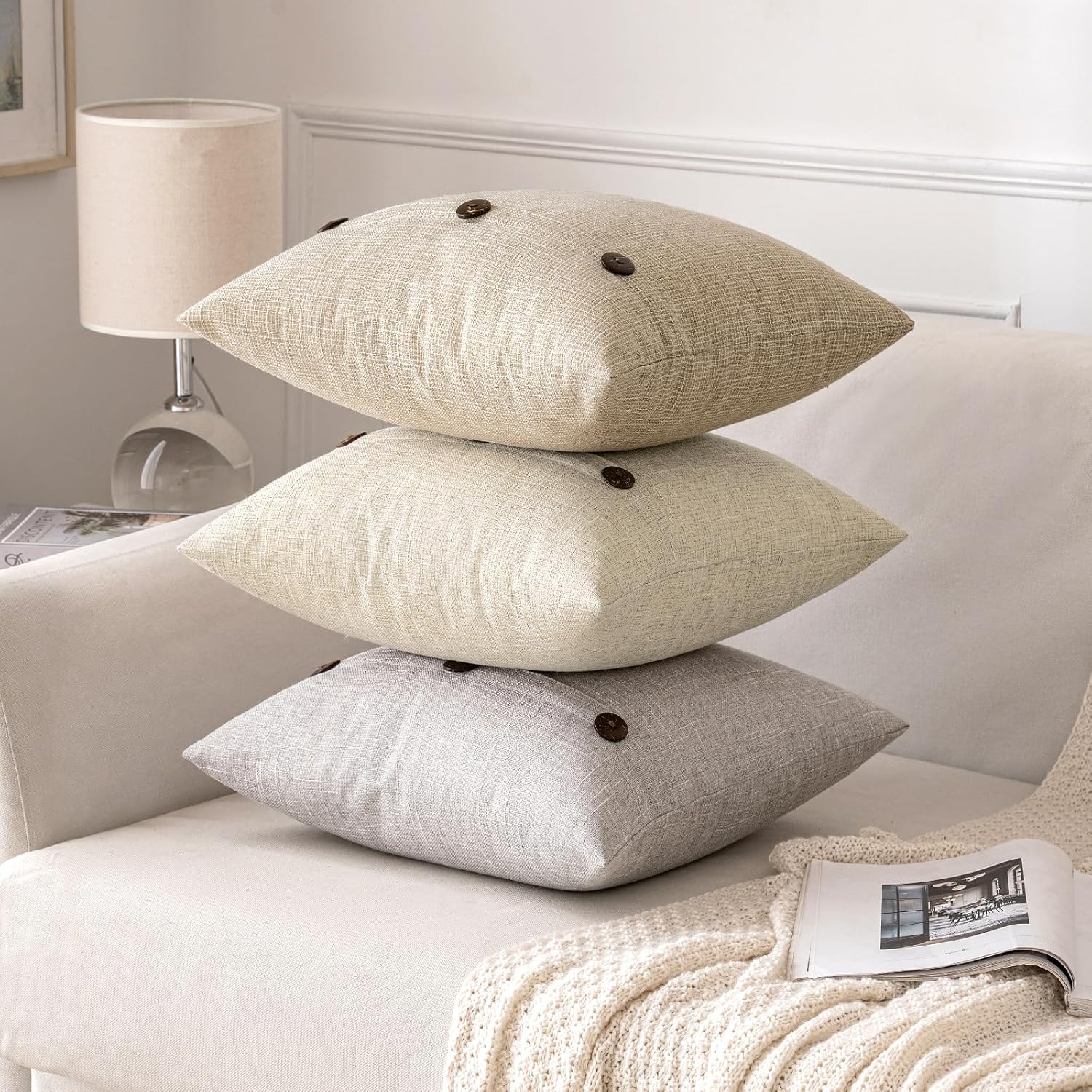 Juego de 2 fundas de almohada de lino con triple botón de arpillera sólida, fundas de cojín decorativas, estilo vintage, estilo campestre moderno,