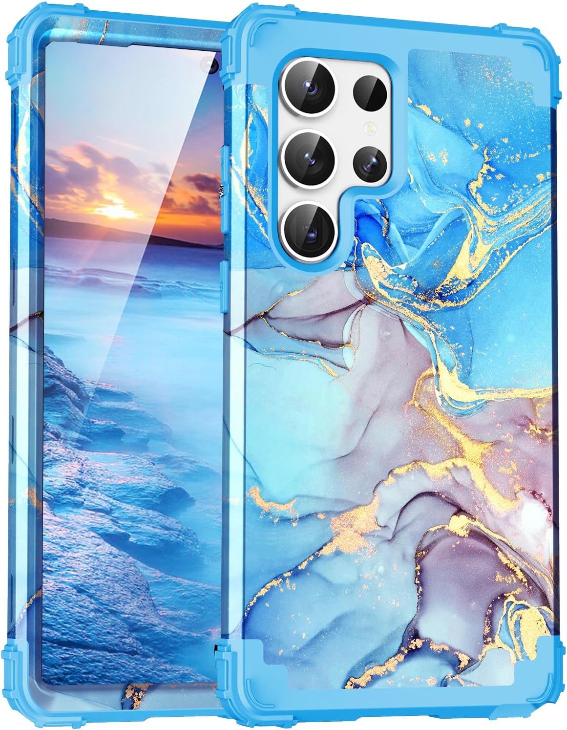 Funda para Galaxy S23 Ultra, diseño de mármol, tres capas, resistente, a prueba de golpes, híbrida, de plástico duro, goma de silicona suave, funda