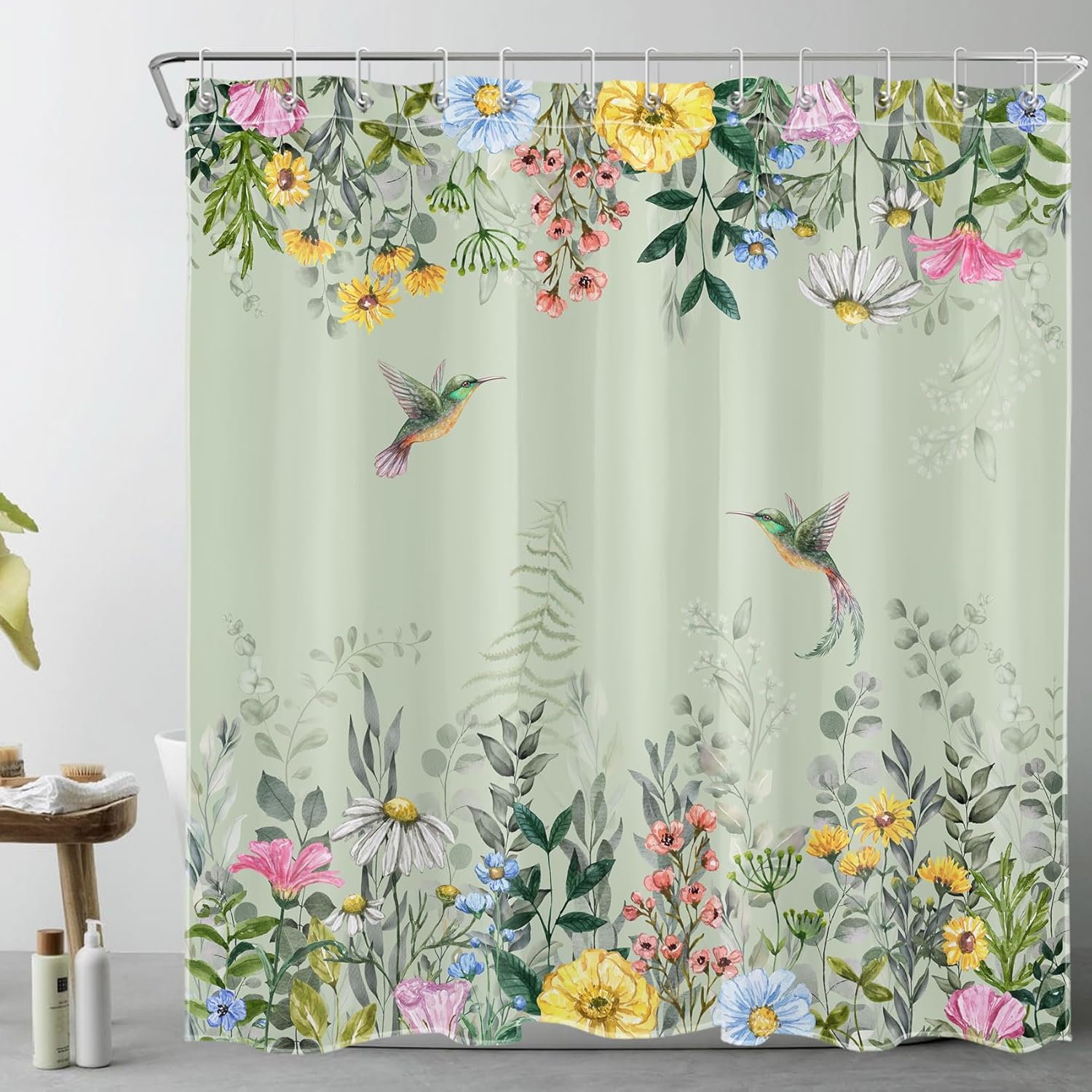 LB Watercolor Floral Shower Curtain Sets with Rugs Hummingbird and Colorful Flower with Eucalyptus Leaf on Sage Green Fabric Shower Curtain with