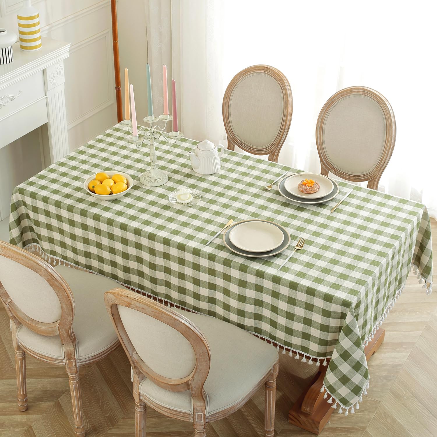 Laolitou Mantel rectangular lavable resistente a cuadros con borlas, algodón y lino, para primavera, picnic, cocina, comedor, verde, 70 pulgadas