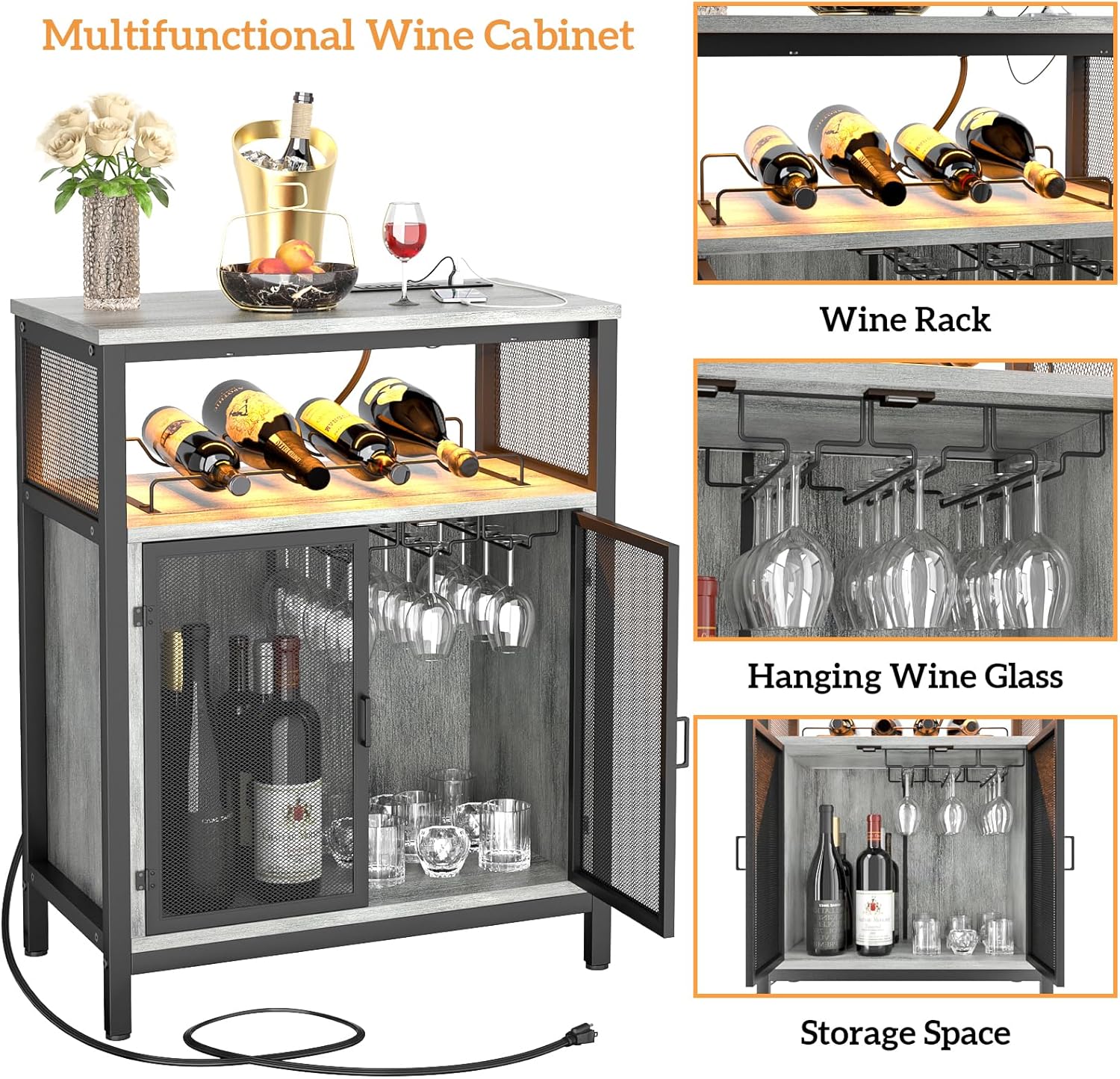Unikito Armario de bar de vino con luz RGB y tomacorriente, mesa de estante de vino independiente, gabinete de licor con soporte para vidrio,