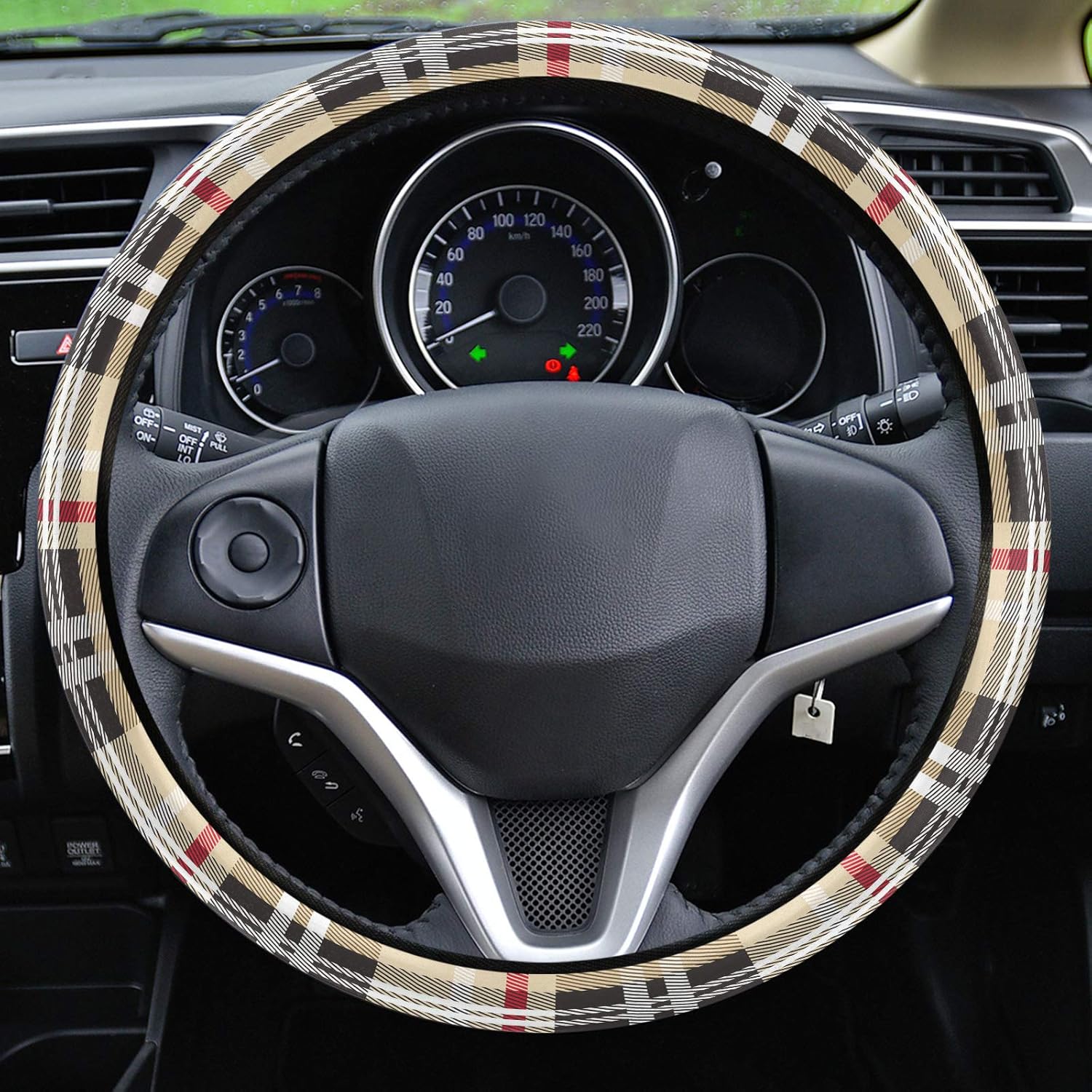 Funda protectora para volante de automóvil, diseño geométrico de rayas a cuadros, elástica, esponja, elástica, para vehículos, camiones, SUV,