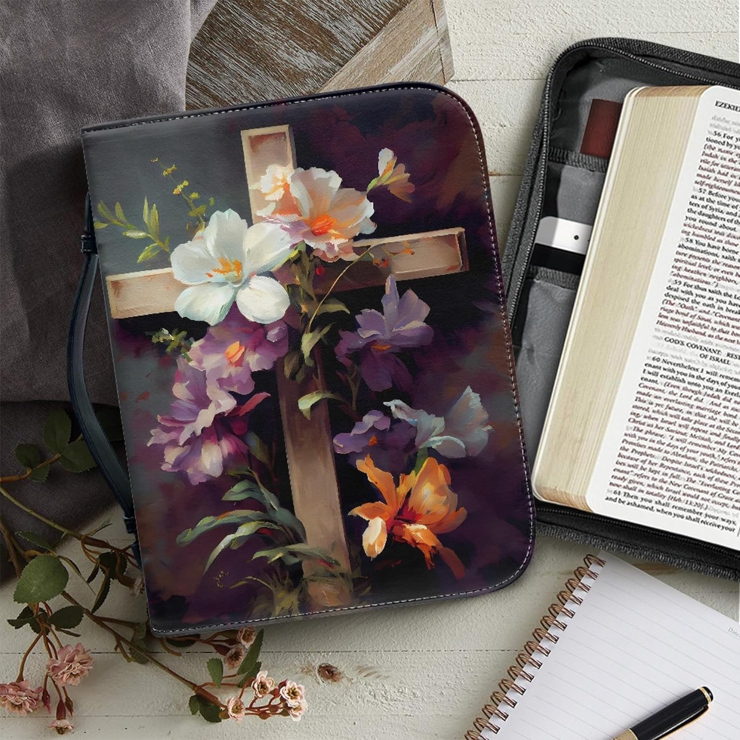 ZOCAVIA Funda de cuero para la Biblia con diseño cruzado para mujer, funda de transporte de la Biblia con asa y bolsillos con cremallera, fundas