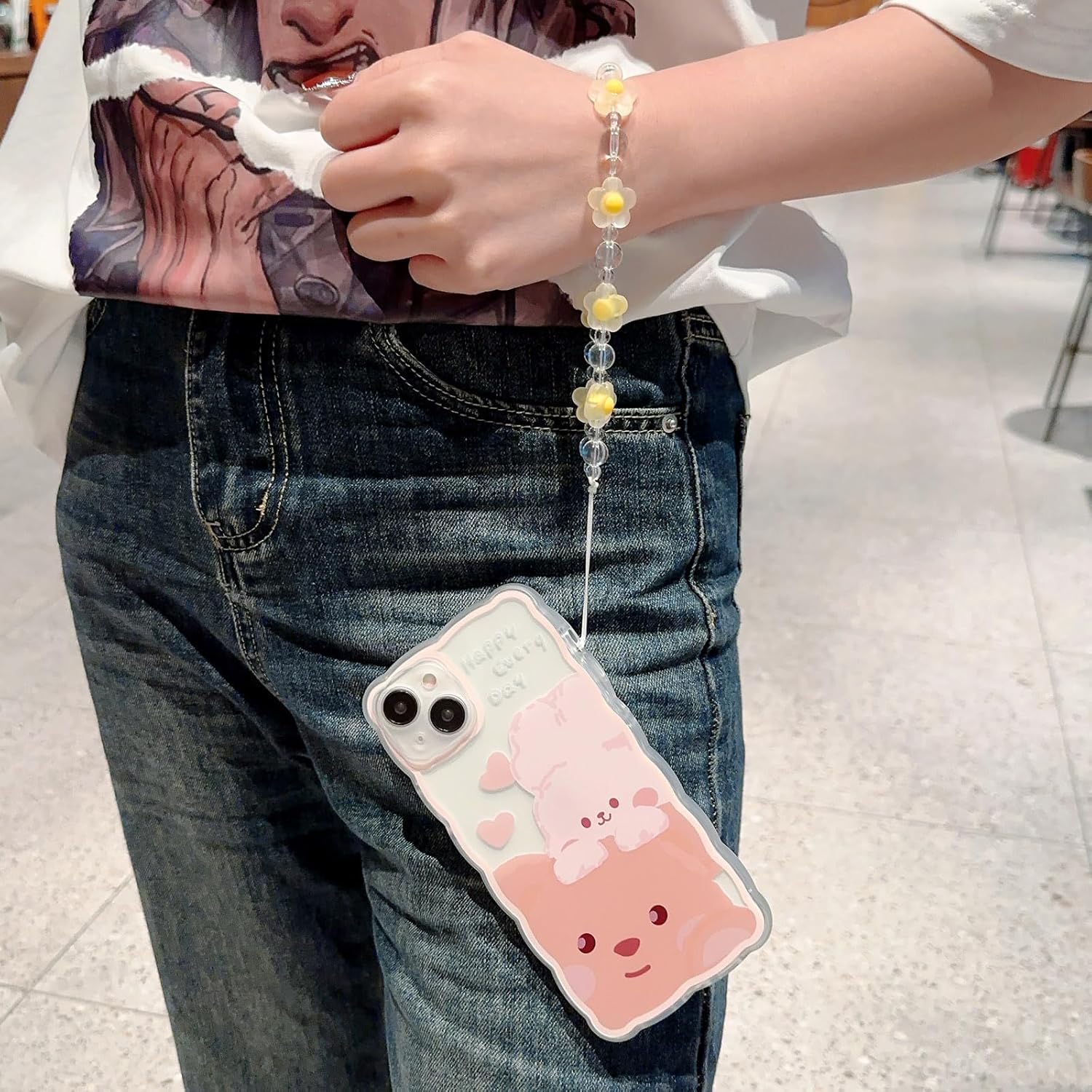 ZSYTZL Funda compatible con iPhone 15, bonito patrón de dibujos animados con bonito diseño de cadena para mujeres y niñas, funda estética kawaii