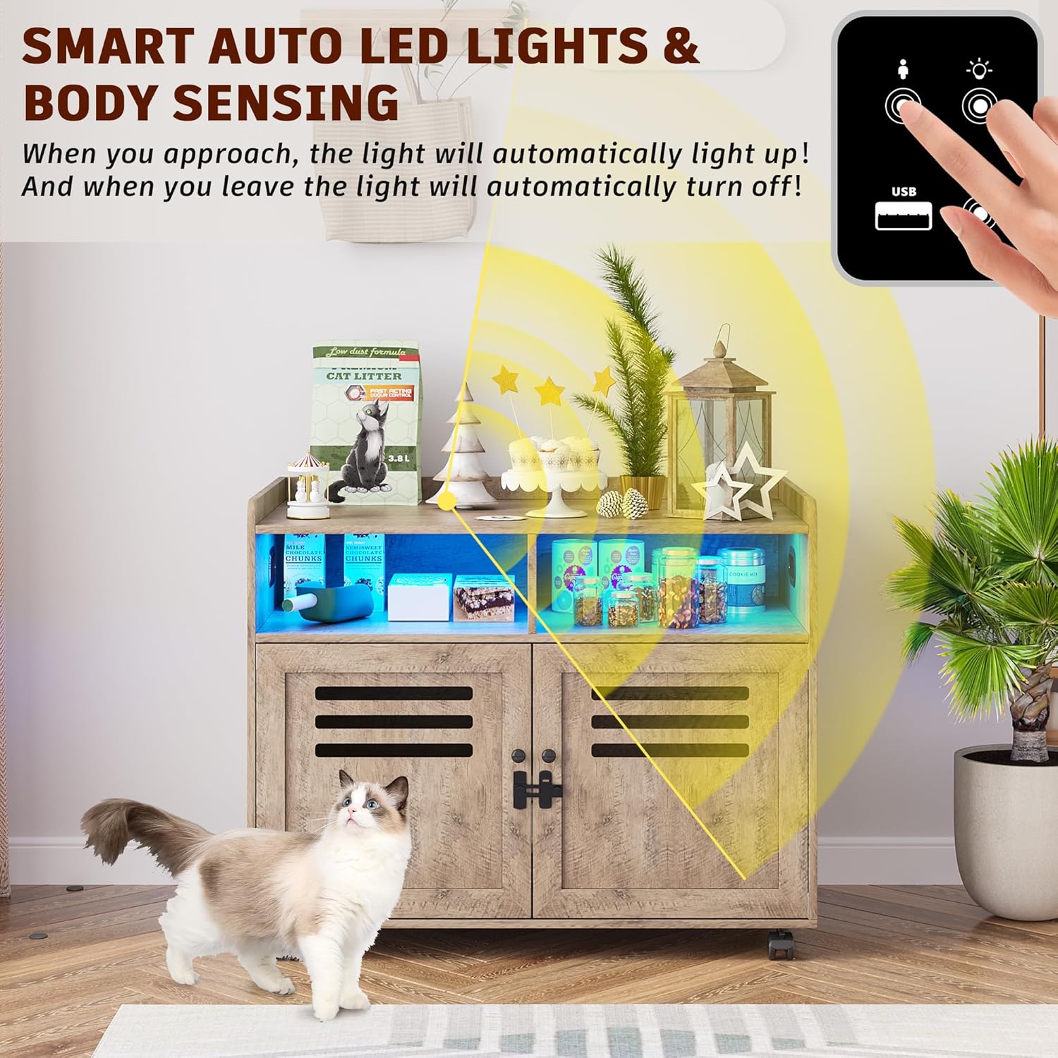 FOMNEY Caja de arena para gatos, mueble oculto con cuerpo humano, 3 luces LED de color, jaula para gatos con 2 cajones abiertos y 1 puerto USB, casa