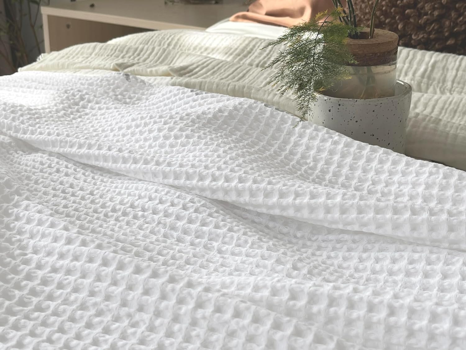 Manta de punto gofre 100% algodón de 90 x 90 pulgadas con borla, ligera, prelavada, suave, transpirable, manta perfecta para decoración de