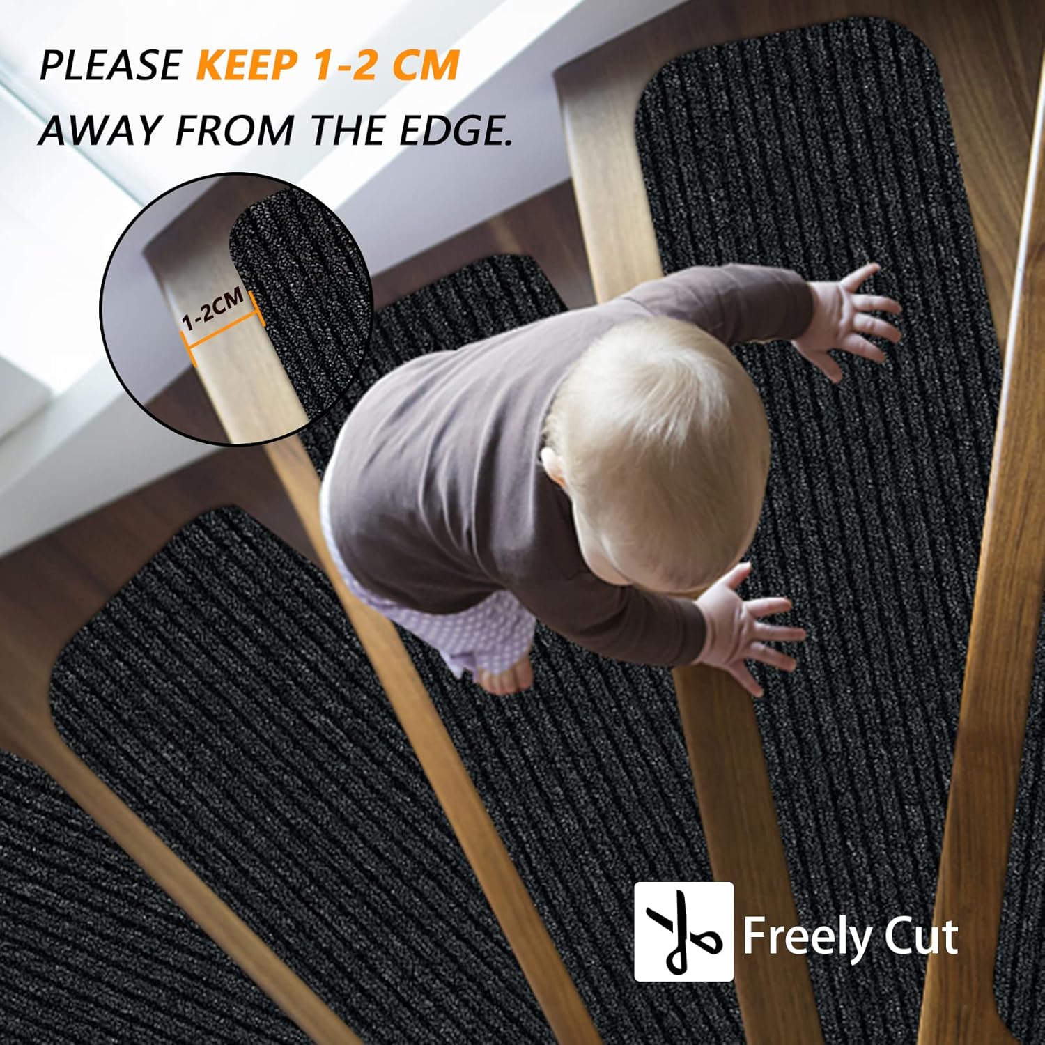 Lacut Alfombra antideslizante para escaleras, 7.8 x 30 pulgadas (paquete de 7), alfombra antideslizante para interiores y exteriores, color negro,