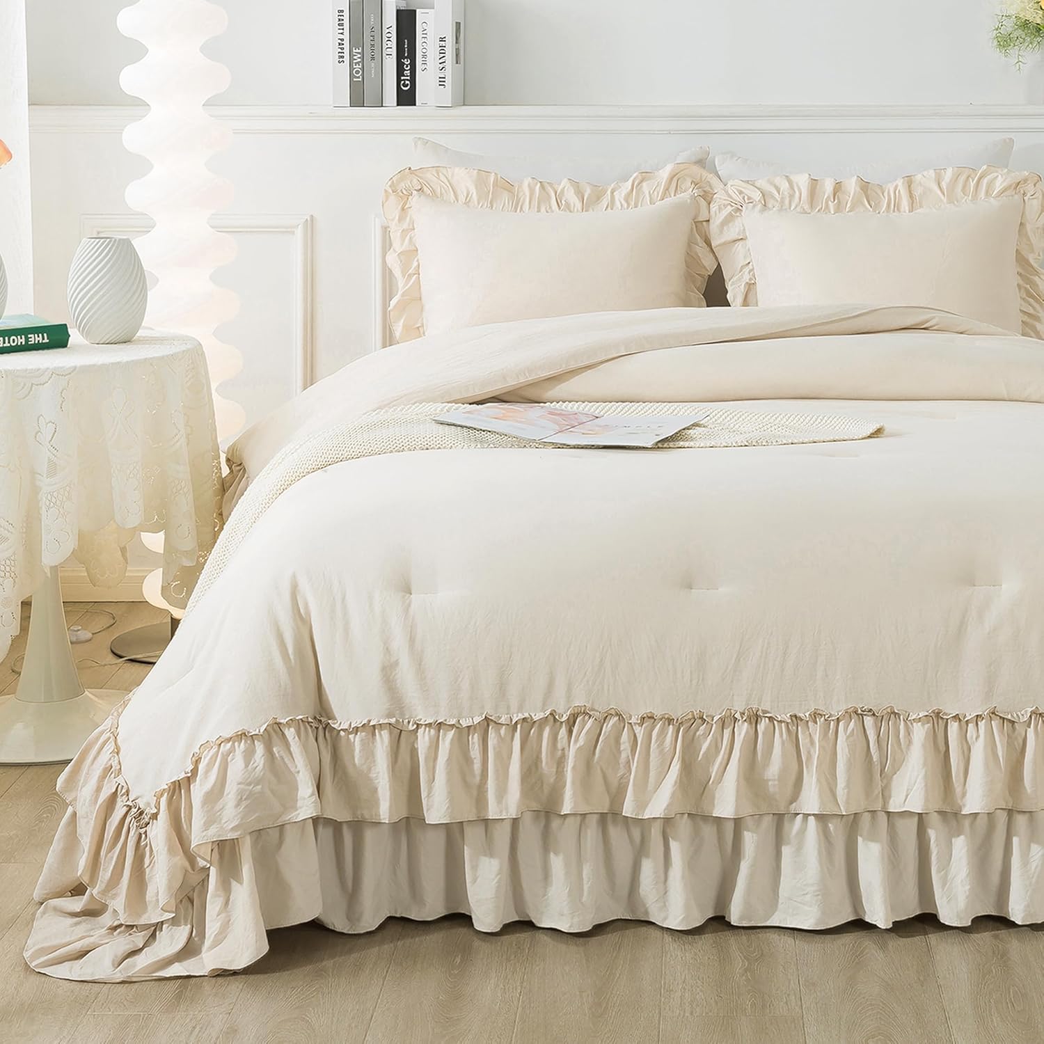Andency Juego de edredón beige tamaño Queen, juego de edredón suave y ligero con volantes lisos, 3 piezas, para todas las estaciones, estilo rural,