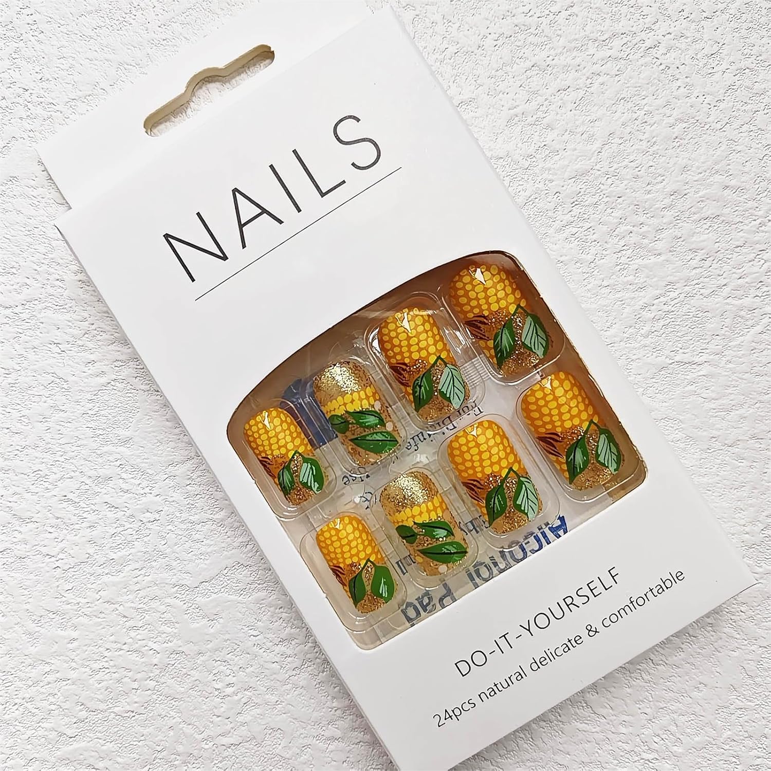 Uñas postizas cuadradas a presión, uñas postizas cortas con purpurina dorada, uñas acrílicas de longitud media con diseño de patrón de maíz, uñas