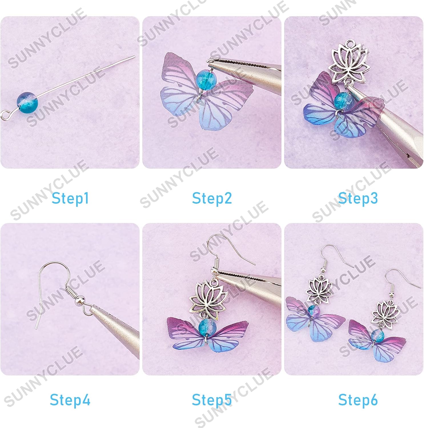 SUNNYCLUE 1 caja DIY 8 pares de aretes de ala de mariposa kits de fabricación de nudos de loto, dijes de resina epoxi de mariposa y cuentas de