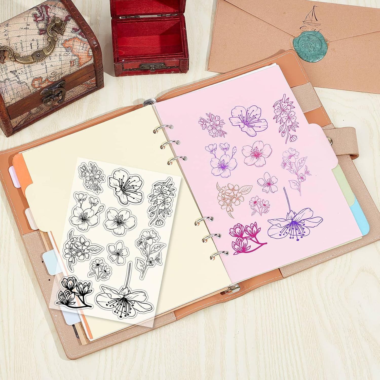 CRASPIRE Sello de goma transparente con diseño de flores de cerezo y plantas retro, sello de silicona transparente Sakura para hacer diarios,