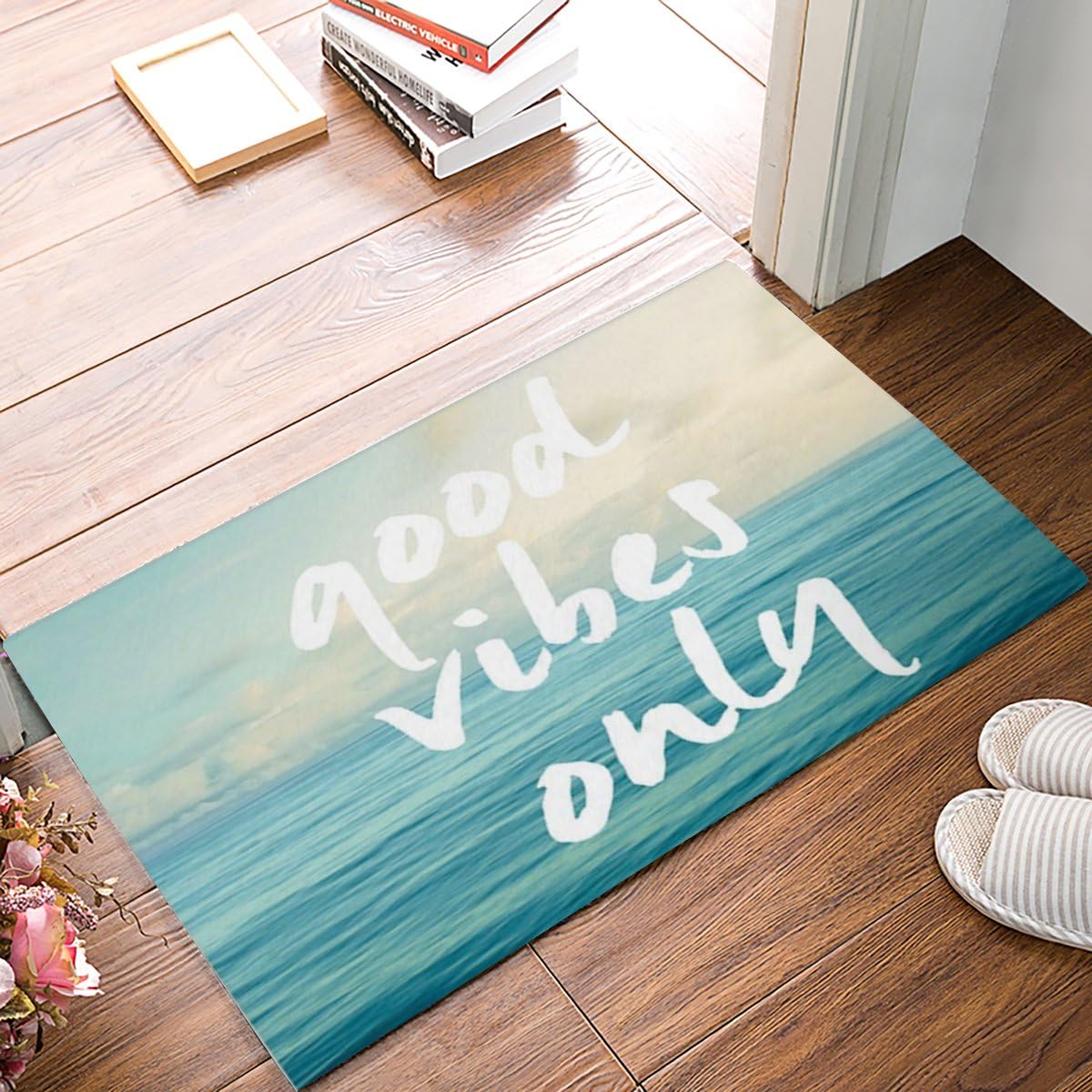 Tapete de puerta con texto en inglés Good Vibes Only Quotes de Blue Sea Art with Funny Good Vibes Only Quotes Felpudo para puerta de interiorsuelo,
