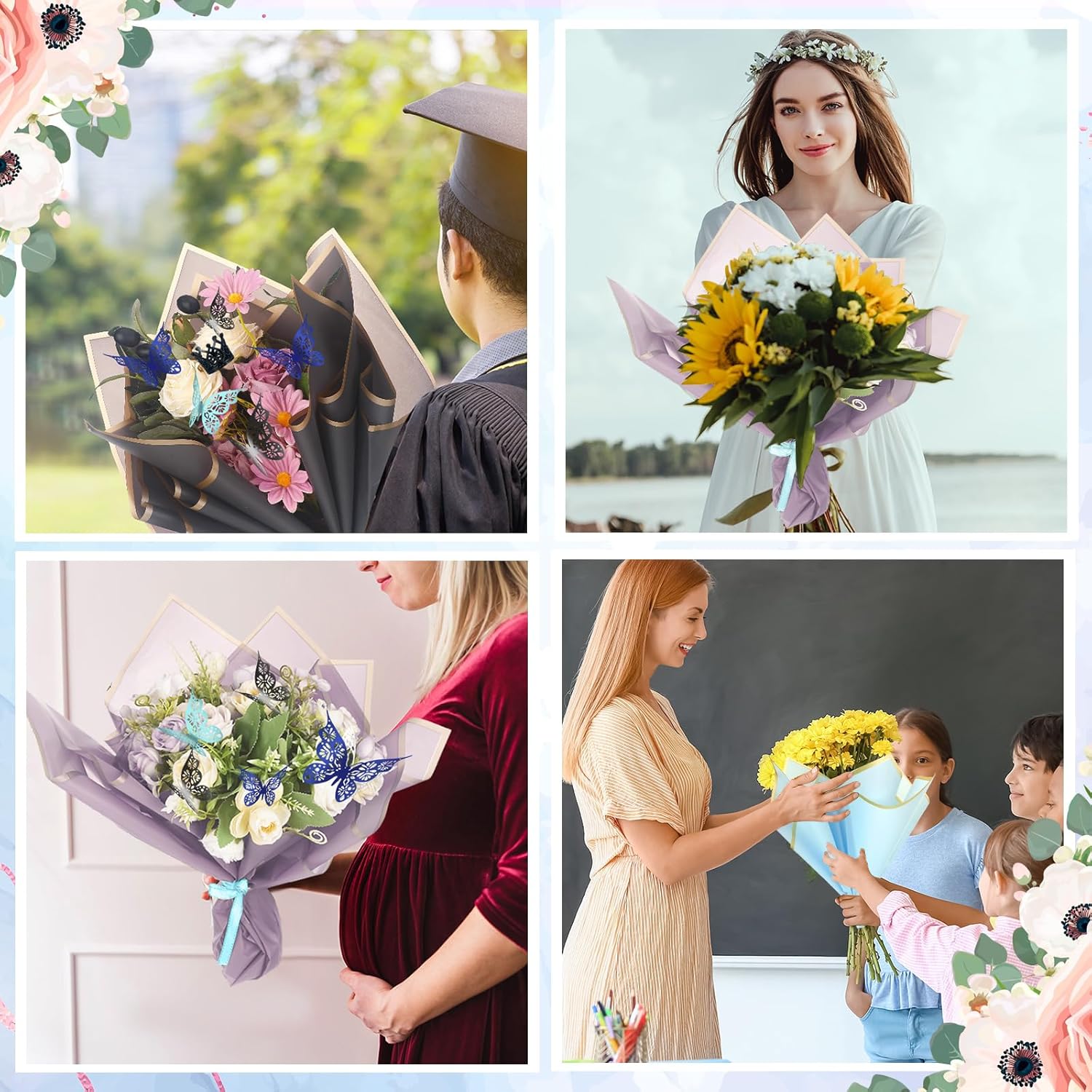 Qilery 243 piezas de papel de regalo para ramo de flores, impermeable, suministros de floristería con decoración de mariposas, coronas, cintas,