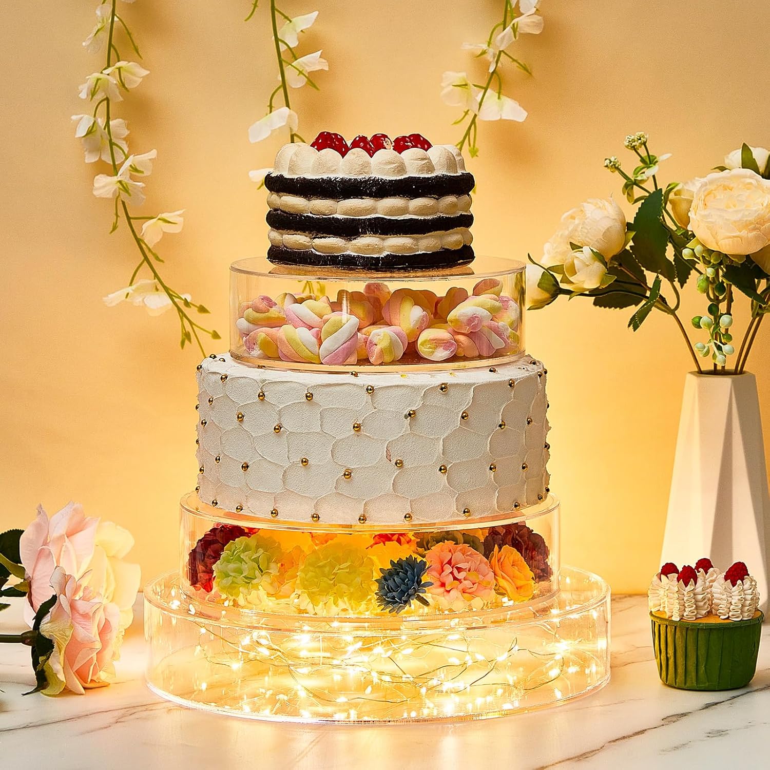 3 piezas de soporte acrílico para pasteles con luces LED, transparente, rellenable, caja cilíndrica redonda de 3 niveles para Navidad, boda,