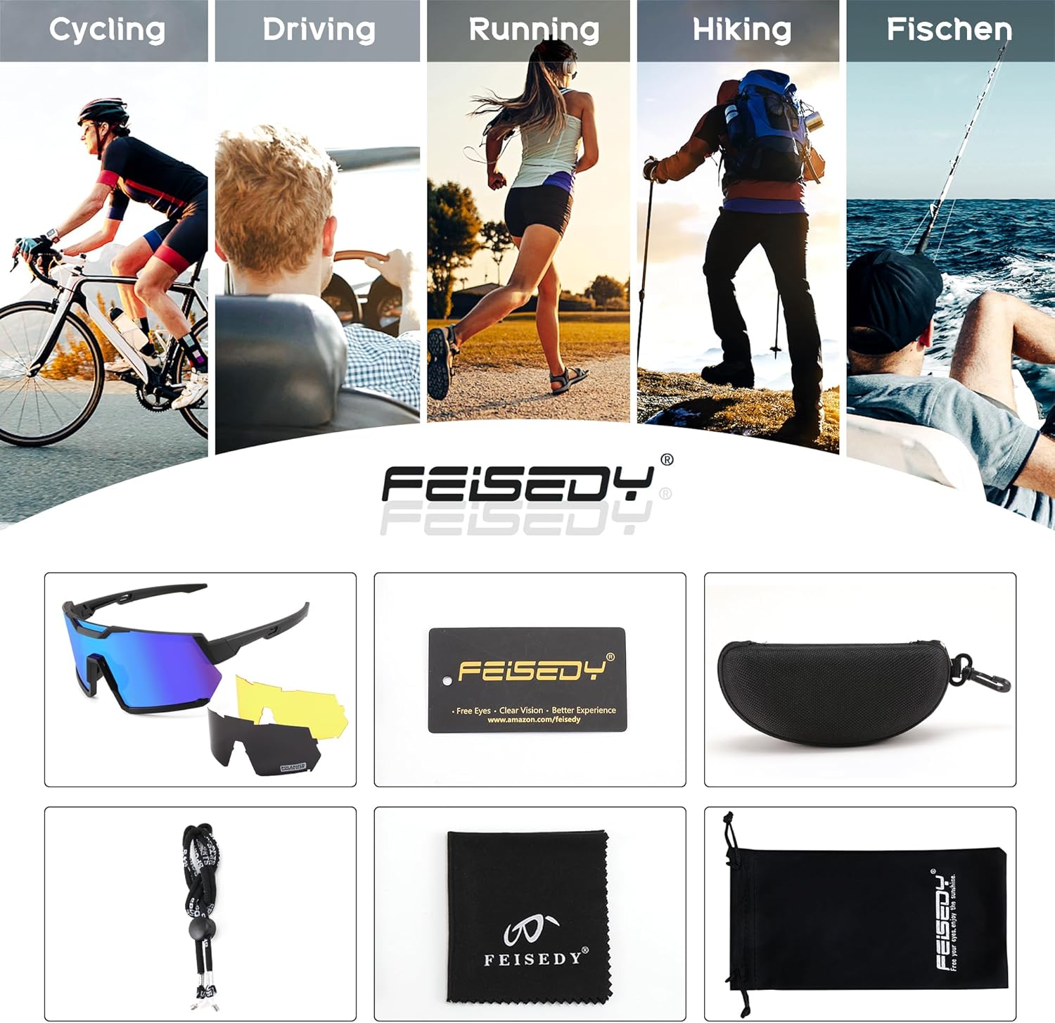 FEISEDY Gafas de sol de ciclismo para hombres y mujeres, con 3 lentes intercambiables, TR90 gafas deportivas de béisbol para jóvenes y adolescentes