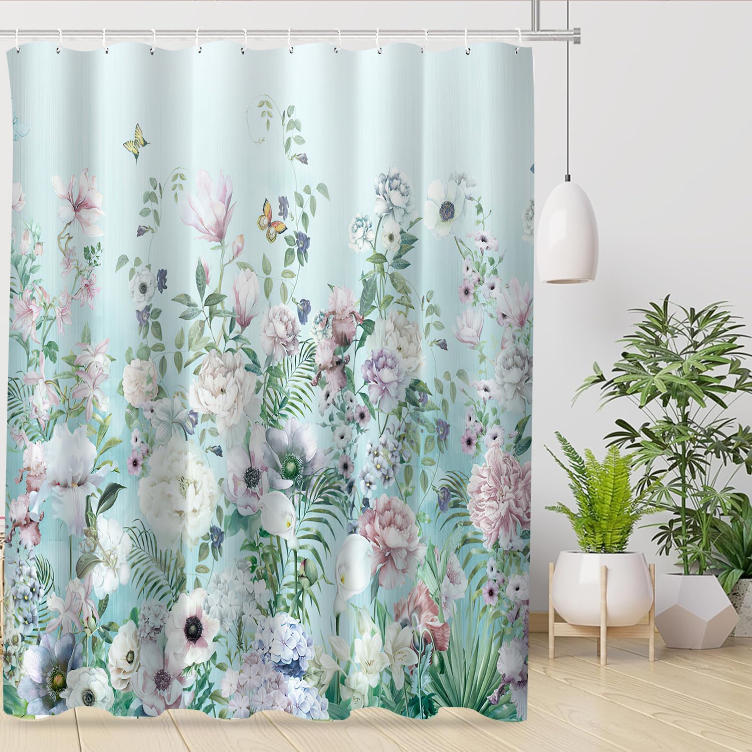 Juego de cortinas de ducha verde azulado, cortinas de ducha de flores para baño, cortinas de ducha de tela impermeable, decoración de cortina de