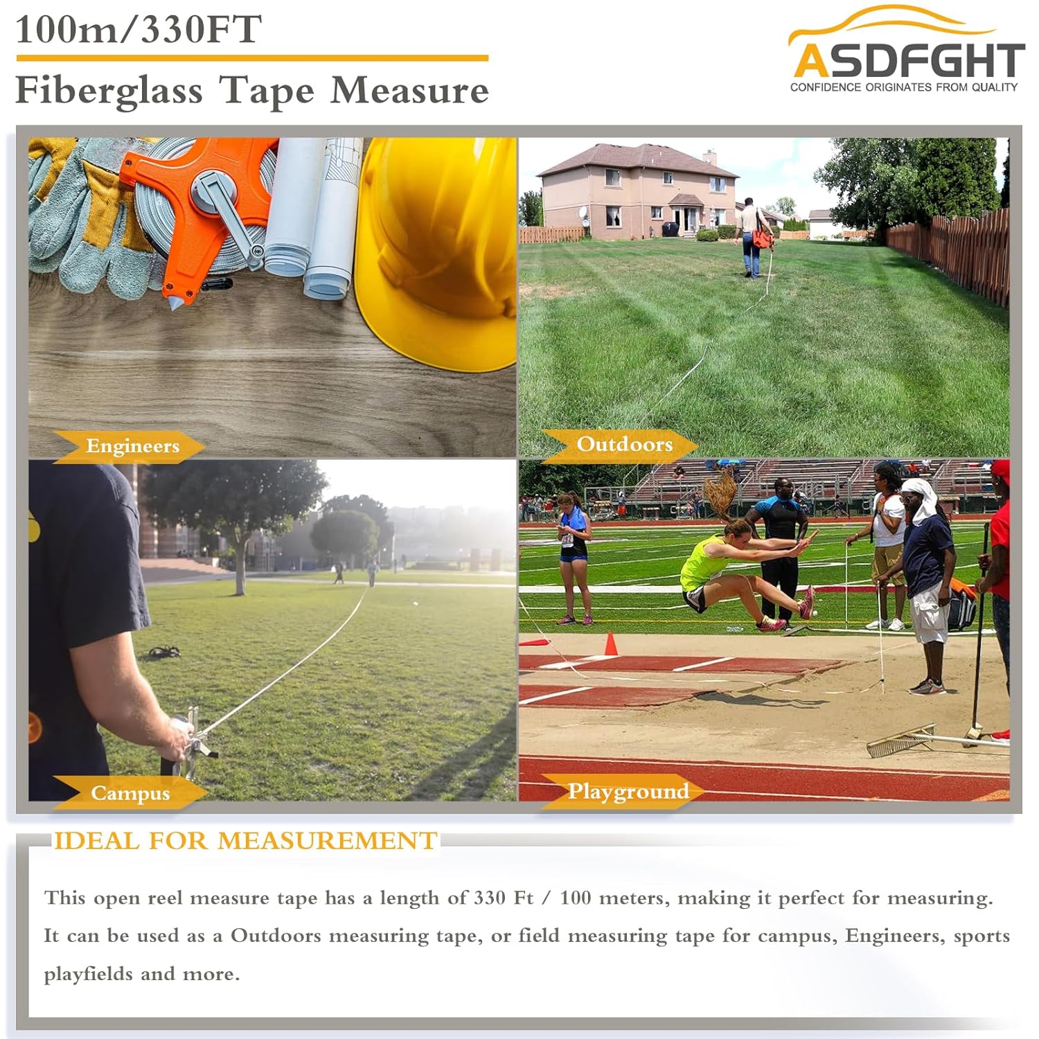 Cinta métrica de carrete abierto de 330 pies, cinta métrica de fibra de vidrio, cinta métrica de patio apta para campo deportivo, al aire libre,