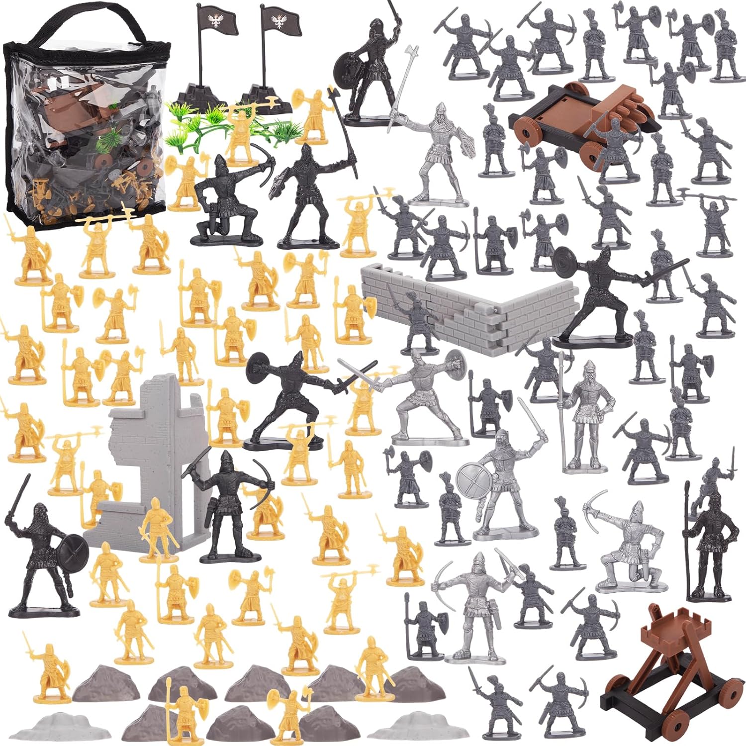 LovesTown 250 figuras de acción de caballero medieval, figuras de acción de caballero de juguete antiguo, figuras de guerrero antiguo con bolsa de