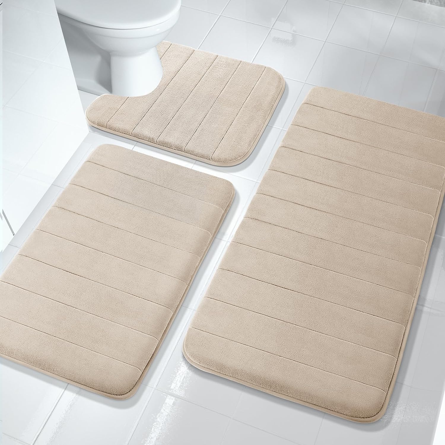 Yimobra 3 Pieces Memory Foam Bath Mat Sets, 44.1×24 + 31.5×19.8 and U-Shaped for Bathroom Rugs, Toilet Mats, Non-Slip, Soft Comfortable, Water