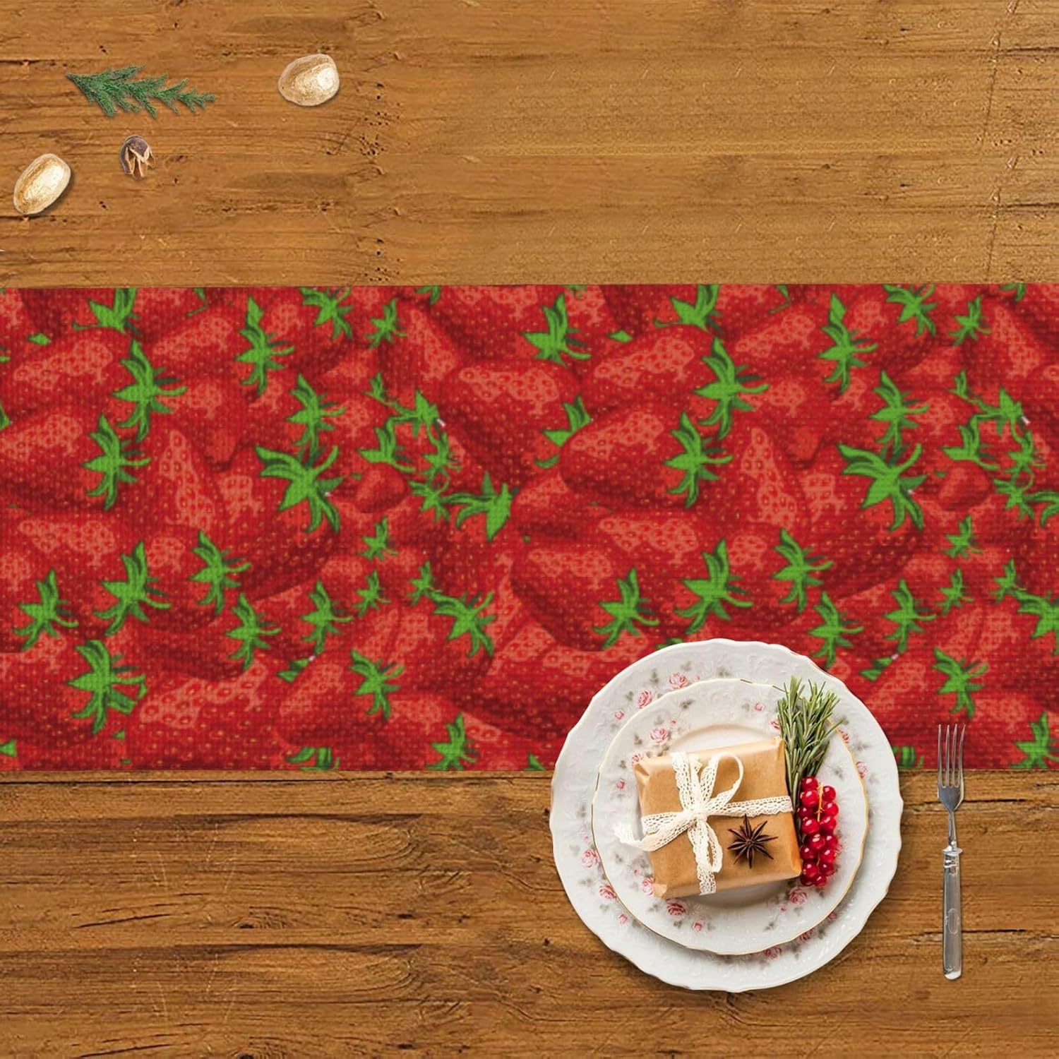 Camino de mesa de Navidad de fresa, decoración de mesa de comedor, decoración de Navidad, decoración de interiores del hogar, caminos de mesa de