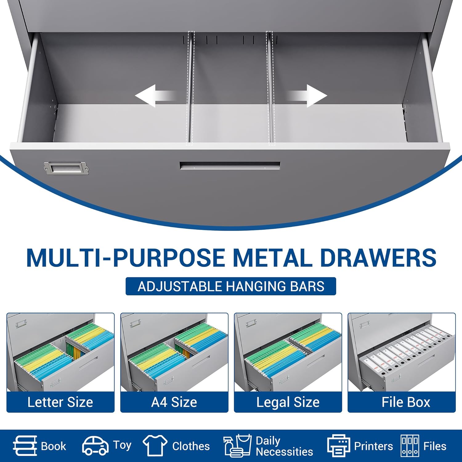 Archivador lateral de 4 cajones con armario con cerradura, gabinetes de llenado de acero de metal gris para oficina en casa, gabinete de