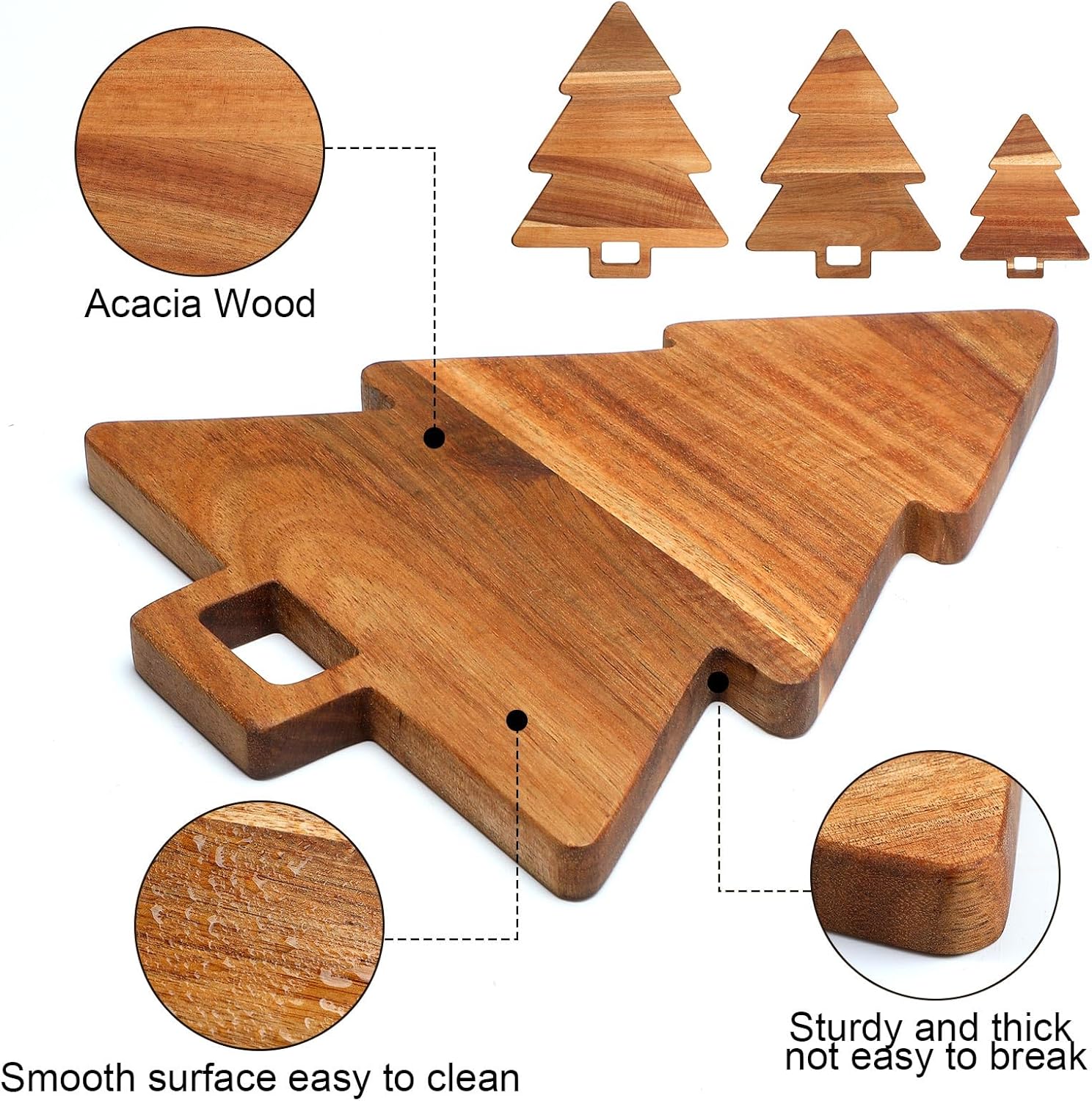 Juego de 3 tablas de cortar de cocina de Navidad con asas, accesorios de cocina de acacia orgánica, tabla de cortar en forma de árbol de Navidad,