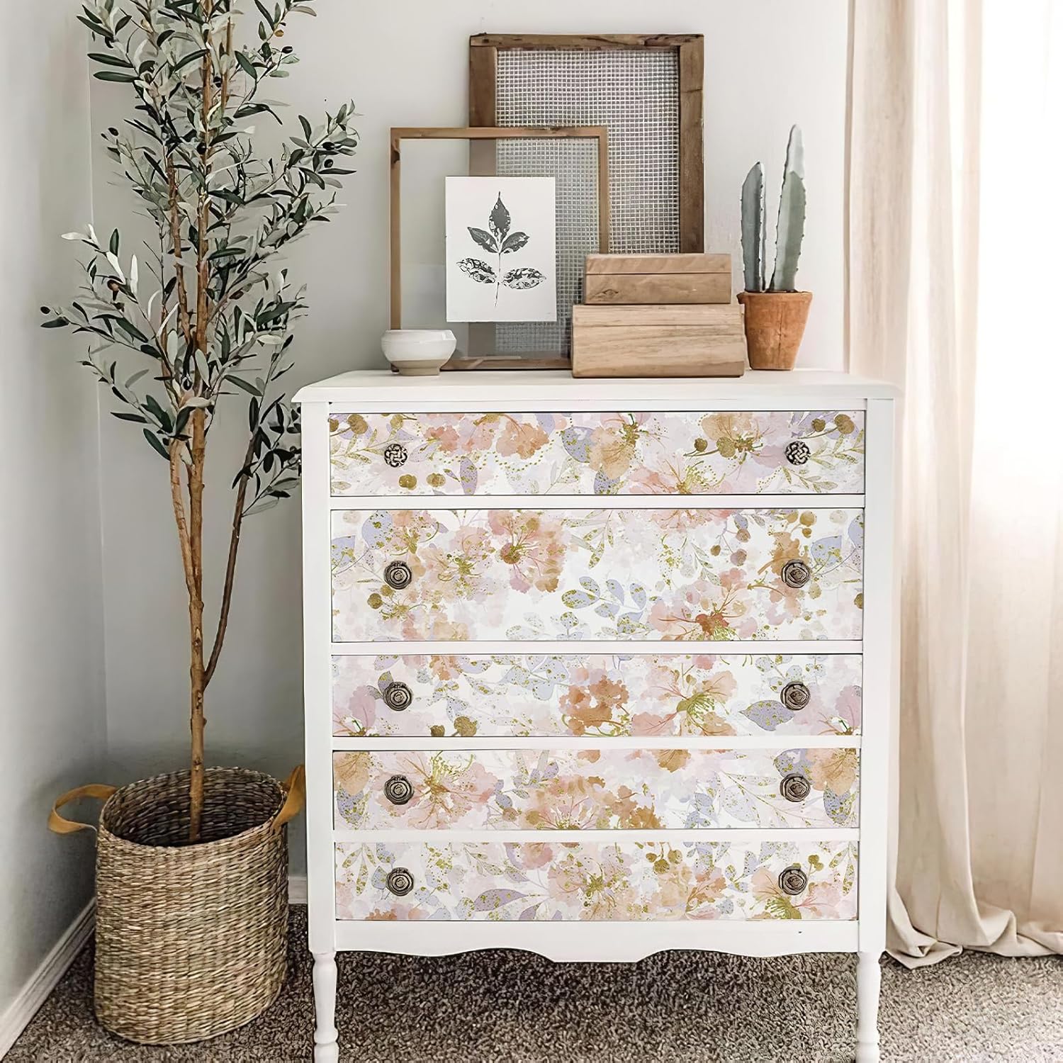 Papel tapiz autoadhesivo con diseño floral de acuarela para despegar y pegar, para decoración de pared, color naranja envejecido, rosa y naranja