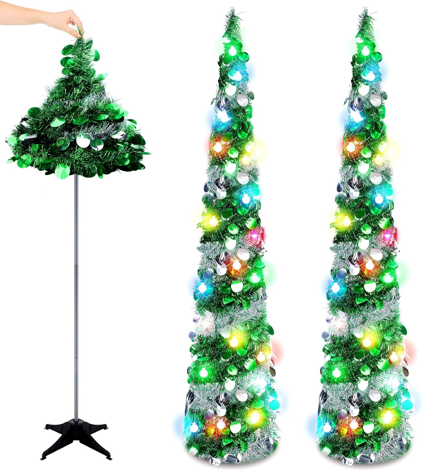 Sosation 2 piezas de árbol de 5 pies para el día de San Patricio preiluminado, árbol plegable artificial, plateado verde, árboles de oropel delgado