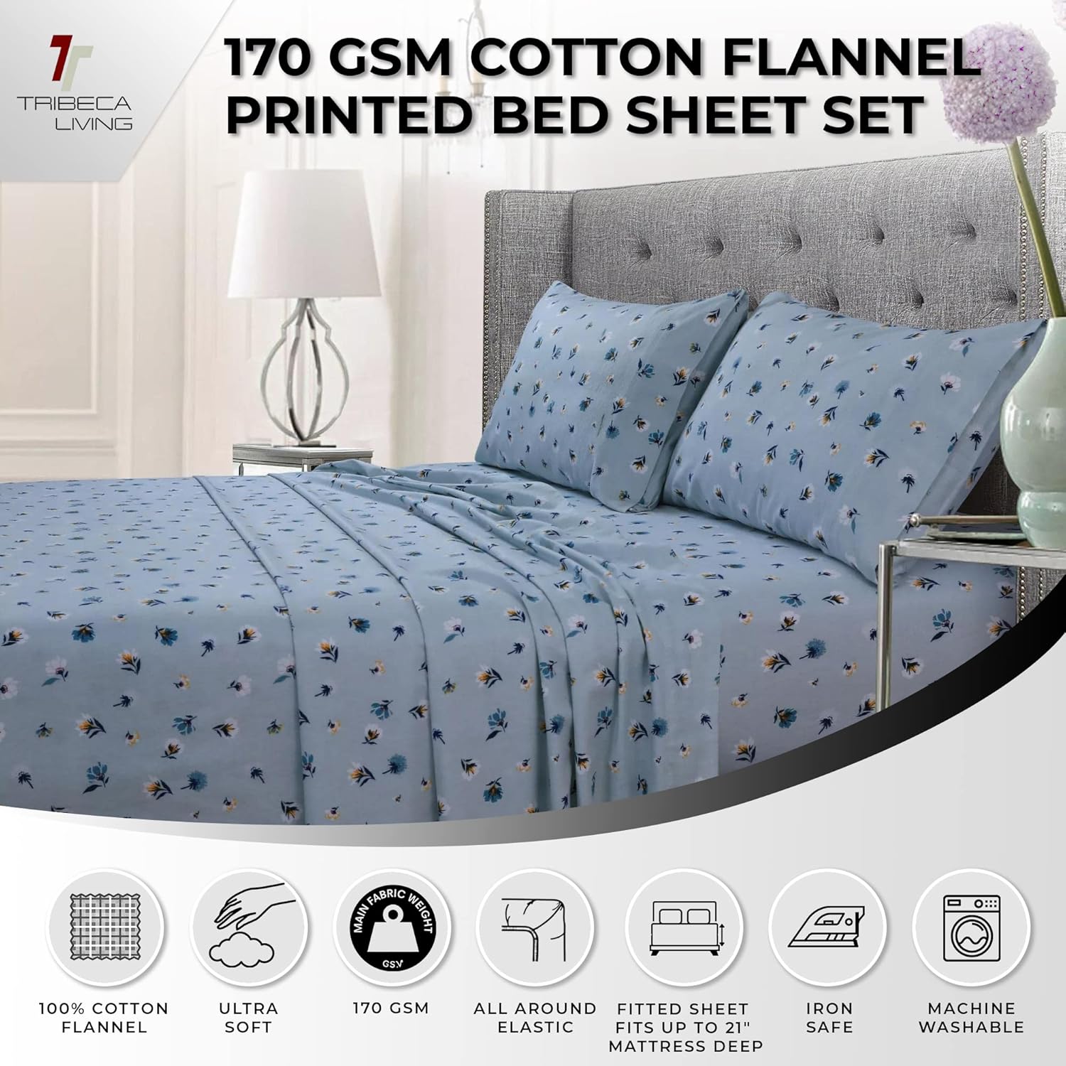 Tribeca Living Floryn – Juego de sábanas de franela con bolsillo extra profundo de 170 GSM, color azul suave, (FLORYNSHEFUBL) , azul claro