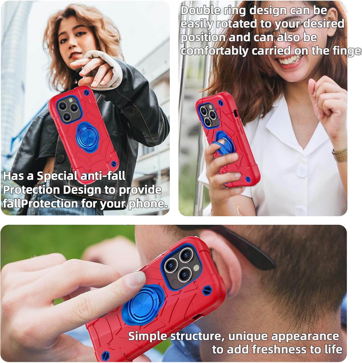 KCJ Funda compatible con iPhone 15 Pro con 2 protectores de pantalla soporte de anillo Funda resistente para teléfono de 6.1 pulgadas (rojo y azul)