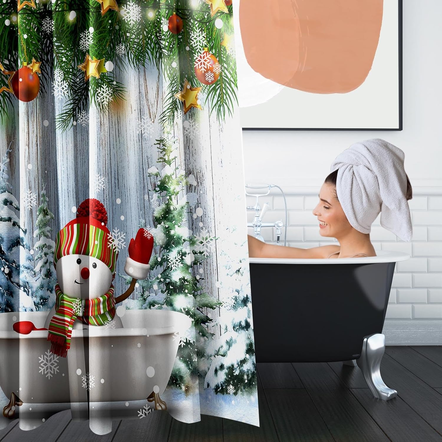 Bribay Juego de cortinas de ducha de 4 piezas, gnomo de Navidad, Papá Noel, invierno, con alfombras antideslizantes, cubierta para tapa de inodoro y